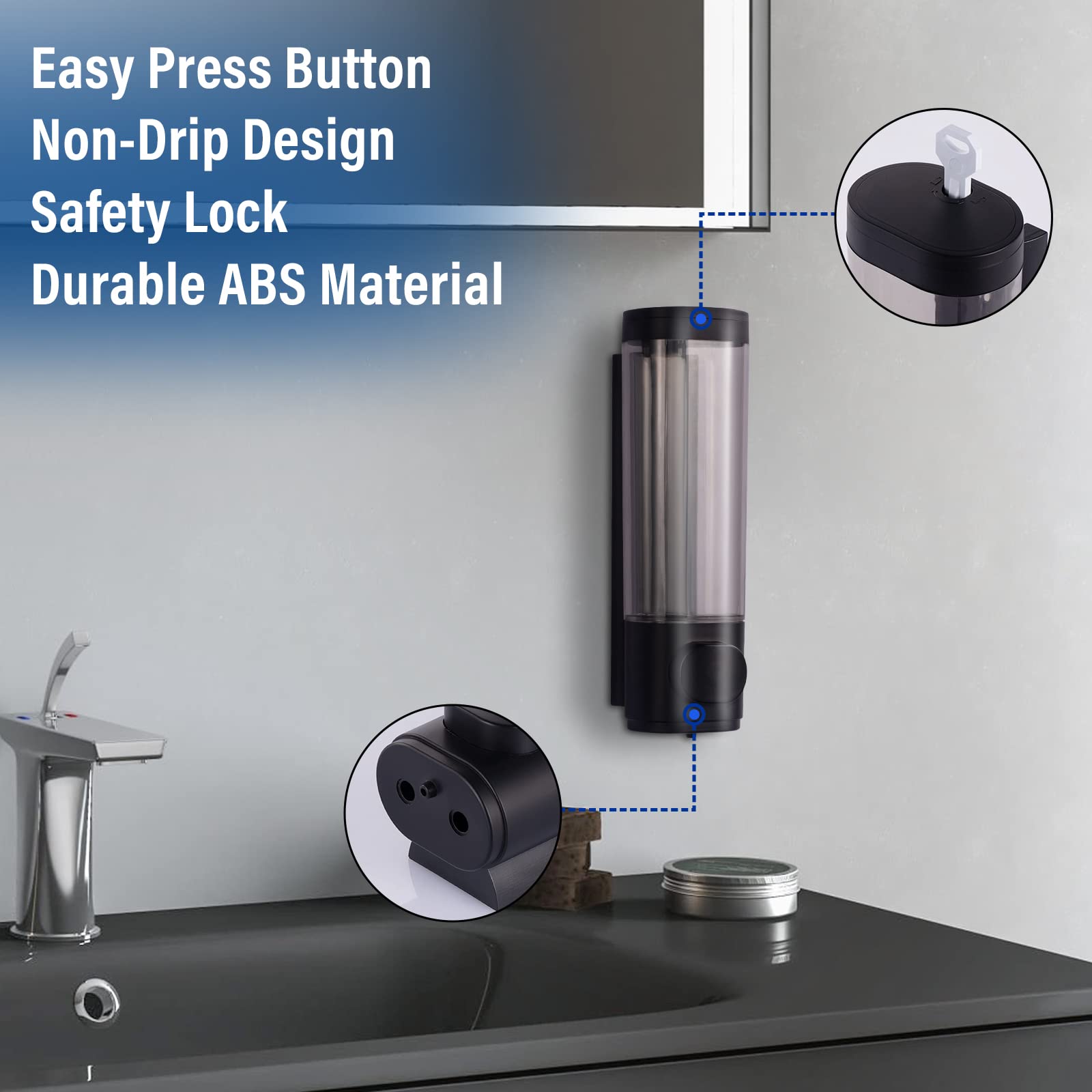 300ml Soap Dispenser Wall Mount, Manual Hand Shampoo Shower Gel Dispenser Lotion Container for Bathroom Kitchen, 1 Chamber Shampoo and Conditioner Dispenser Black - Image 4