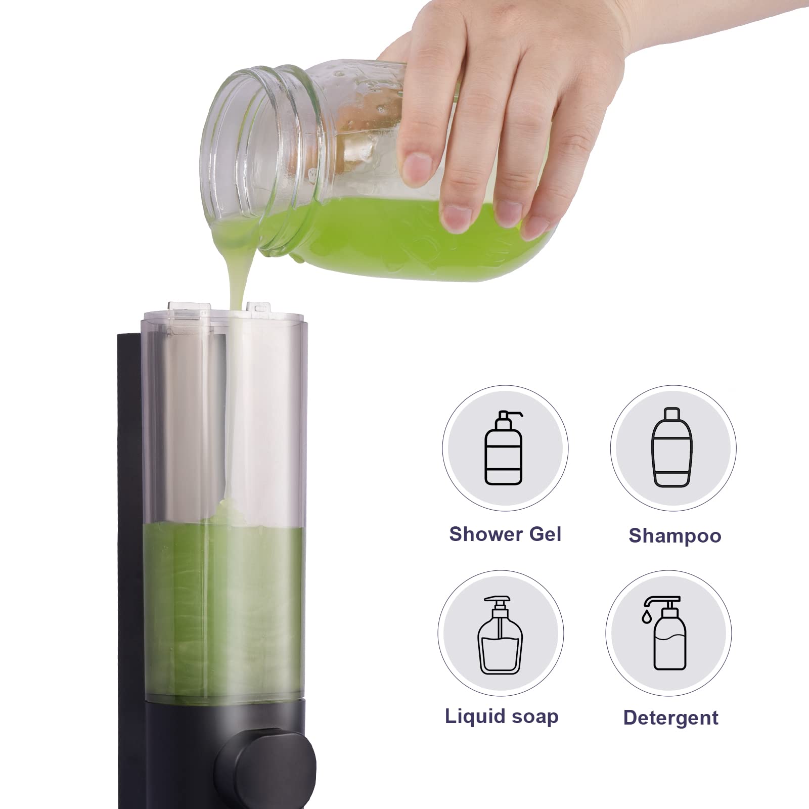 300ml Soap Dispenser Wall Mount, Manual Hand Shampoo Shower Gel Dispenser Lotion Container for Bathroom Kitchen, 1 Chamber Shampoo and Conditioner Dispenser Black - Image 5