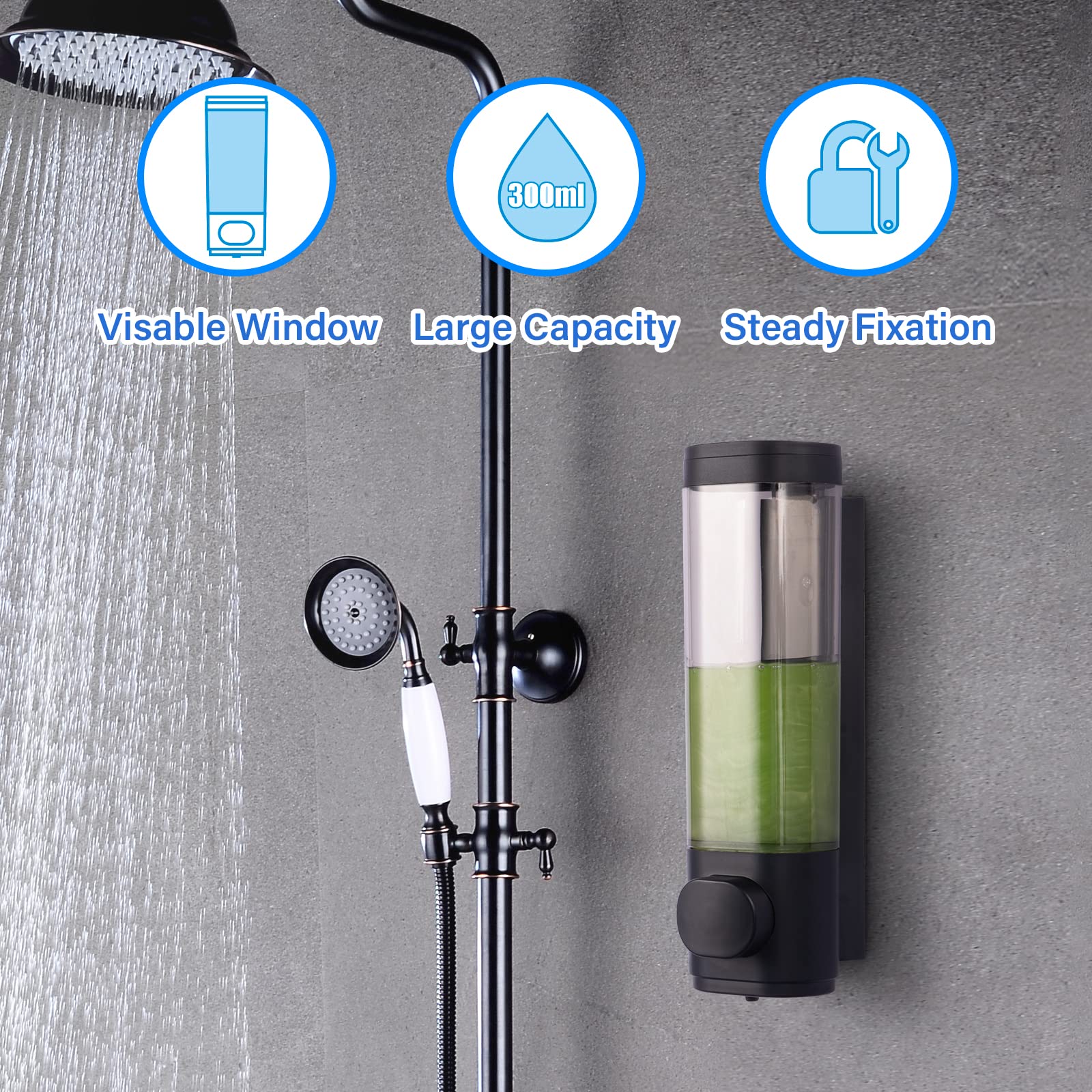 300ml Soap Dispenser Wall Mount, Manual Hand Shampoo Shower Gel Dispenser Lotion Container for Bathroom Kitchen, 1 Chamber Shampoo and Conditioner Dispenser Black - Image 6