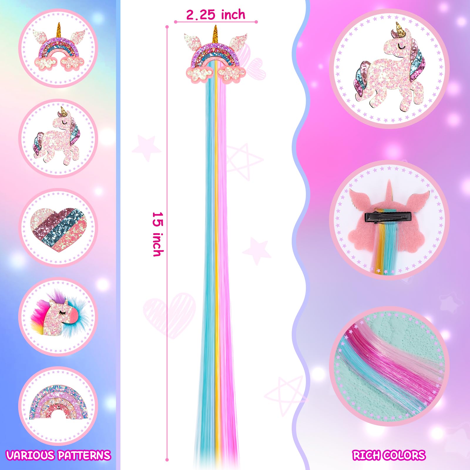 6 Pcs Hair Clips for Girls, 15in Rainbow Hair Extensions for Kids, Colored Girl Hair Accessories, Unicorn Hairpieces for Girls Toddler Kids - Image 3