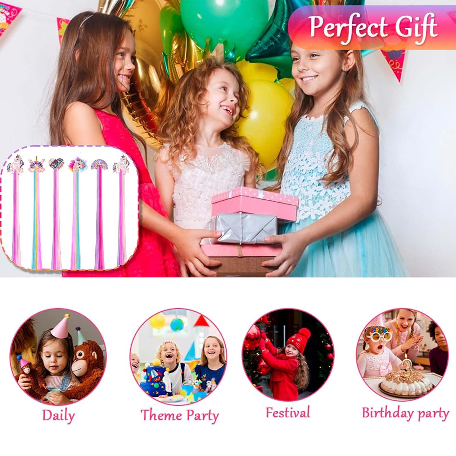 6 Pcs Hair Clips for Girls, 15in Rainbow Hair Extensions for Kids, Colored Girl Hair Accessories, Unicorn Hairpieces for Girls Toddler Kids - Image 5