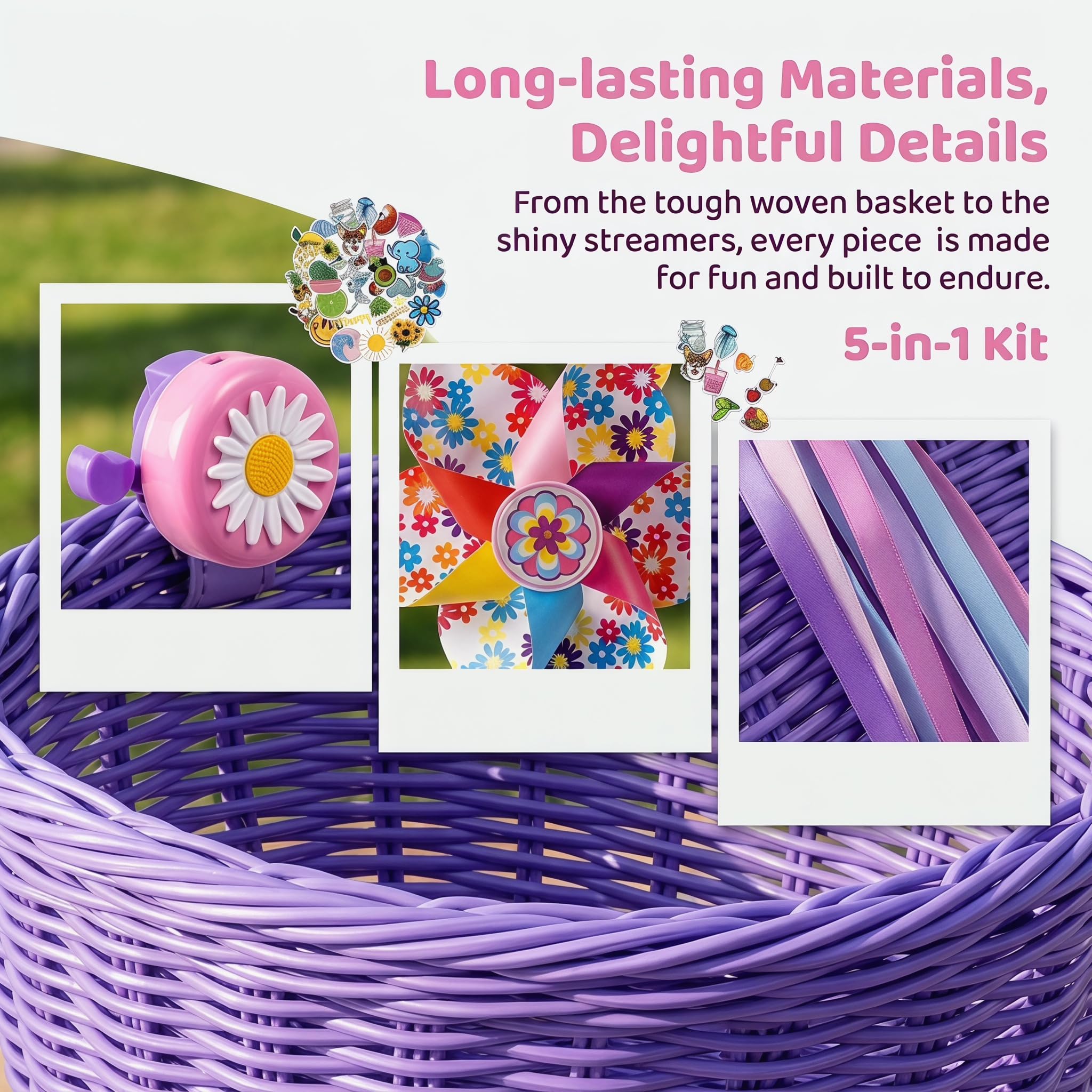 Kids Bike Basket, Bike Basket Front Bike Accessories for Girl Boys, Woven Bicycle Basket with Stickers, Bike Bell, Windmill, and 1pairs Colorful Ribbons Tassels - Image 3