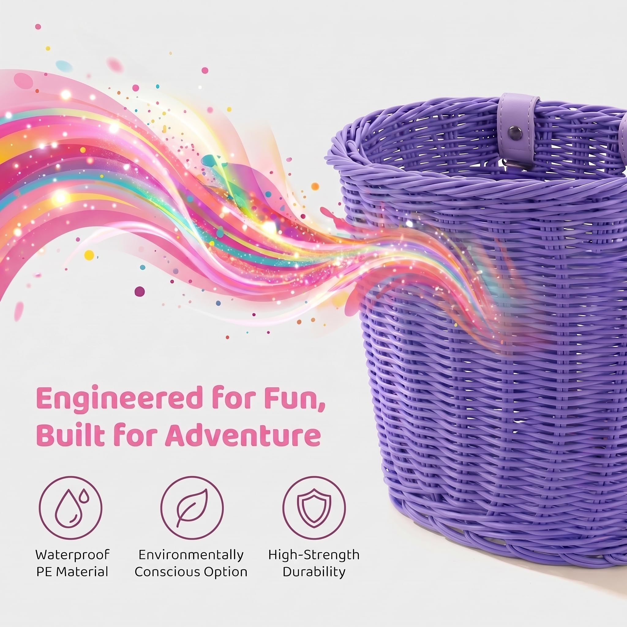 Kids Bike Basket, Bike Basket Front Bike Accessories for Girl Boys, Woven Bicycle Basket with Stickers, Bike Bell, Windmill, and 1pairs Colorful Ribbons Tassels - Image 4