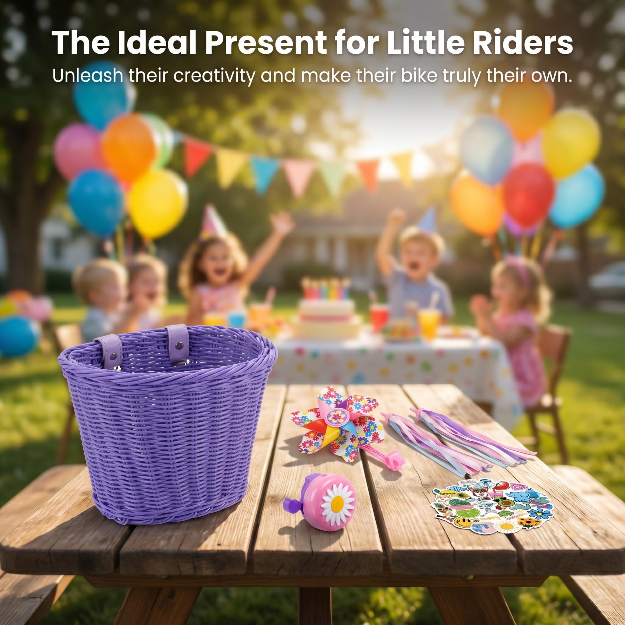 Kids Bike Basket, Bike Basket Front Bike Accessories for Girl Boys, Woven Bicycle Basket with Stickers, Bike Bell, Windmill, and 1pairs Colorful Ribbons Tassels - Image 5