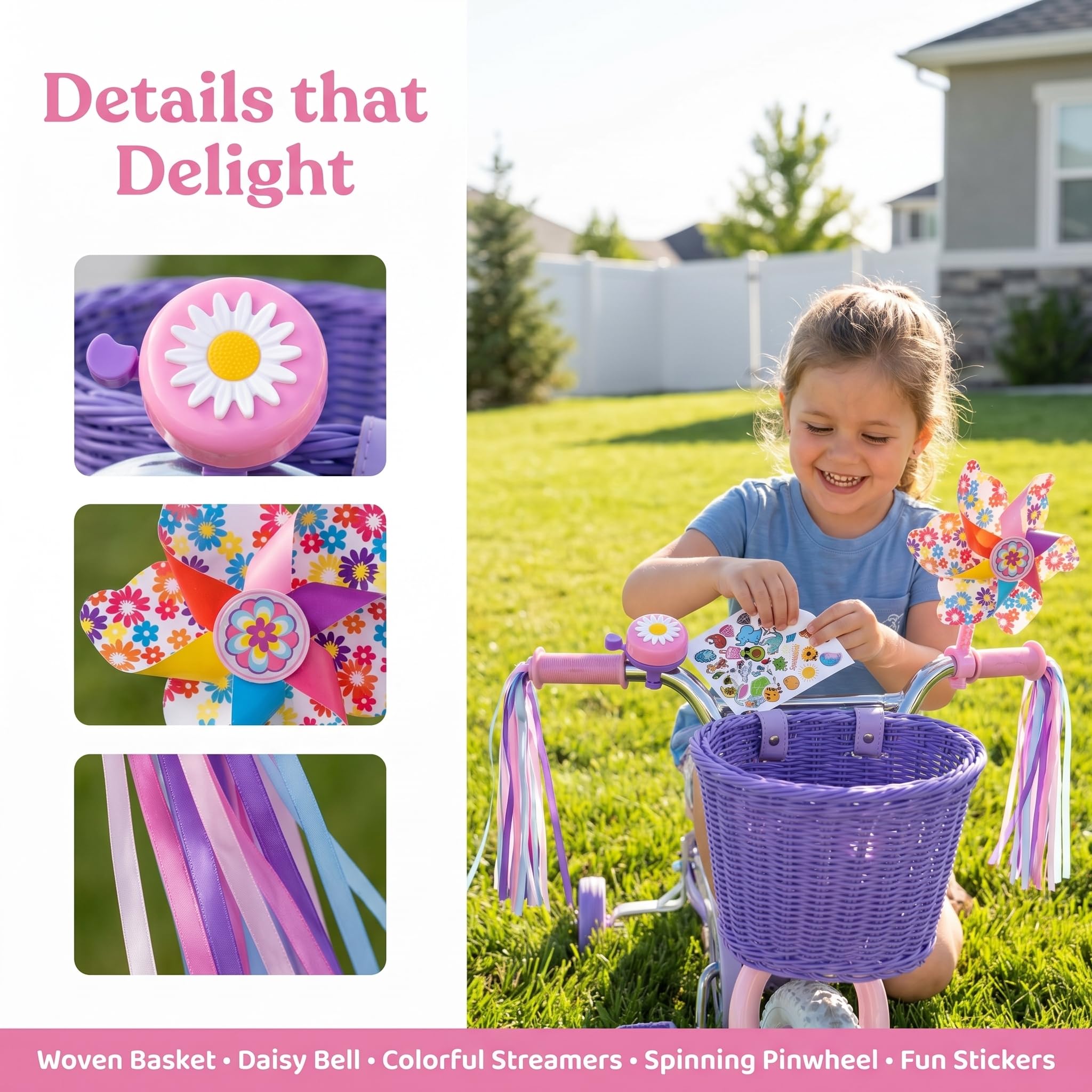 Kids Bike Basket, Bike Basket Front Bike Accessories for Girl Boys, Woven Bicycle Basket with Stickers, Bike Bell, Windmill, and 1pairs Colorful Ribbons Tassels - Image 6