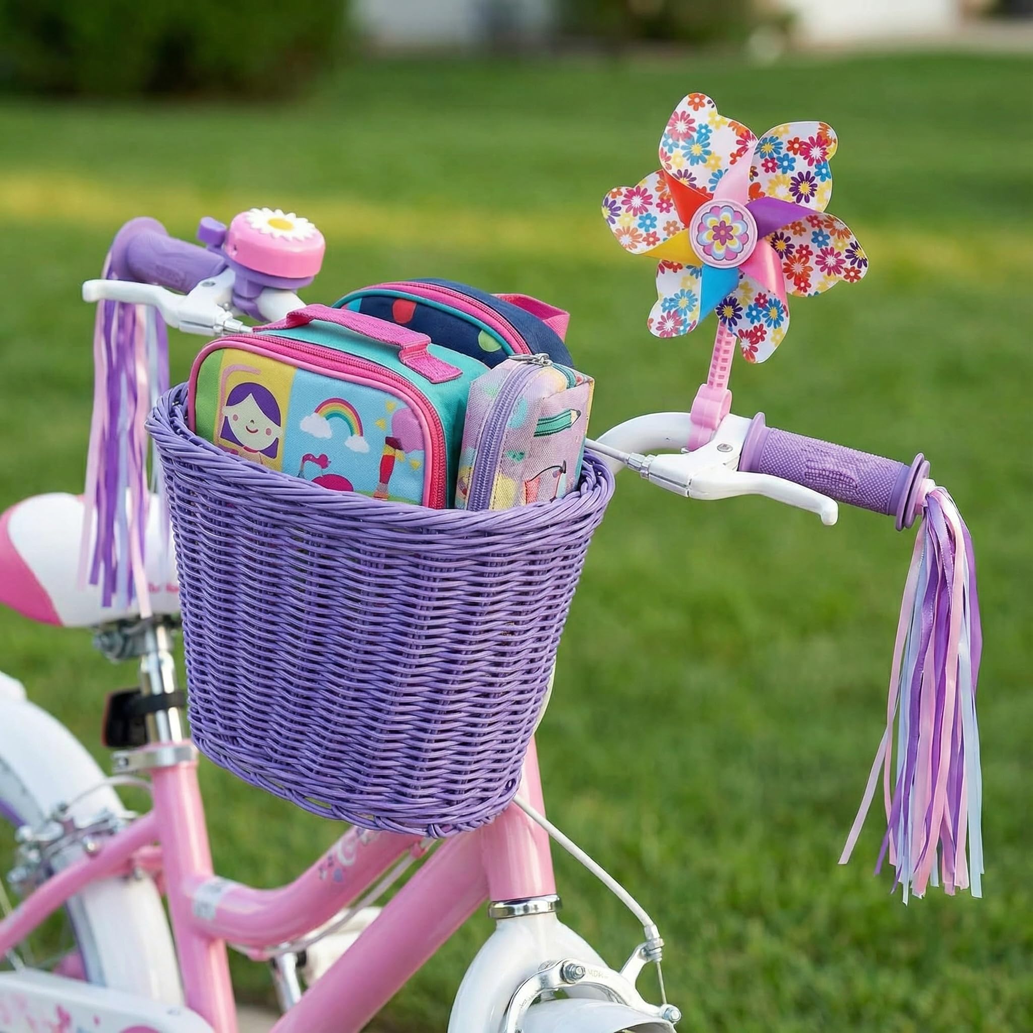 Kids Bike Basket, Bike Basket Front Bike Accessories for Girl Boys, Woven Bicycle Basket with Stickers, Bike Bell, Windmill, and 1pairs Colorful Ribbons Tassels - Image 7