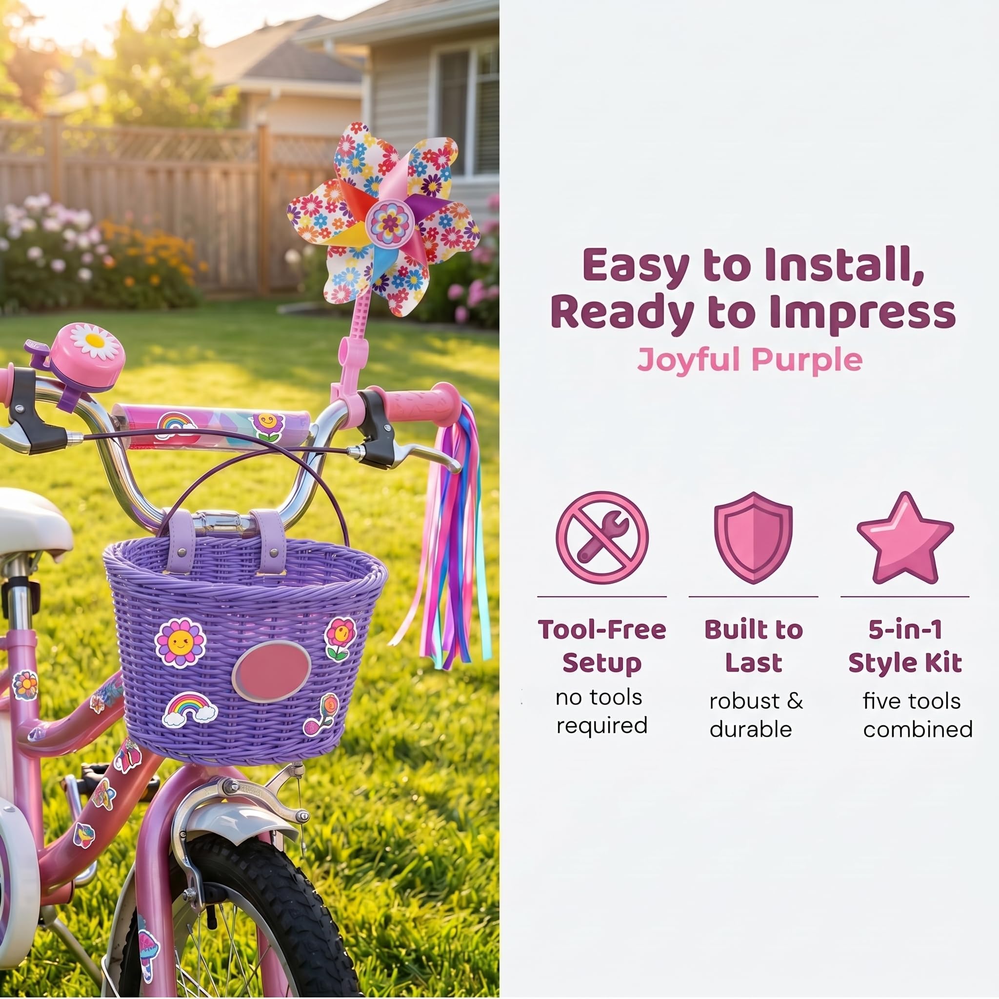 Kids Bike Basket, Bike Basket Front Bike Accessories for Girl Boys, Woven Bicycle Basket with Stickers, Bike Bell, Windmill, and 1pairs Colorful Ribbons Tassels - Image 8
