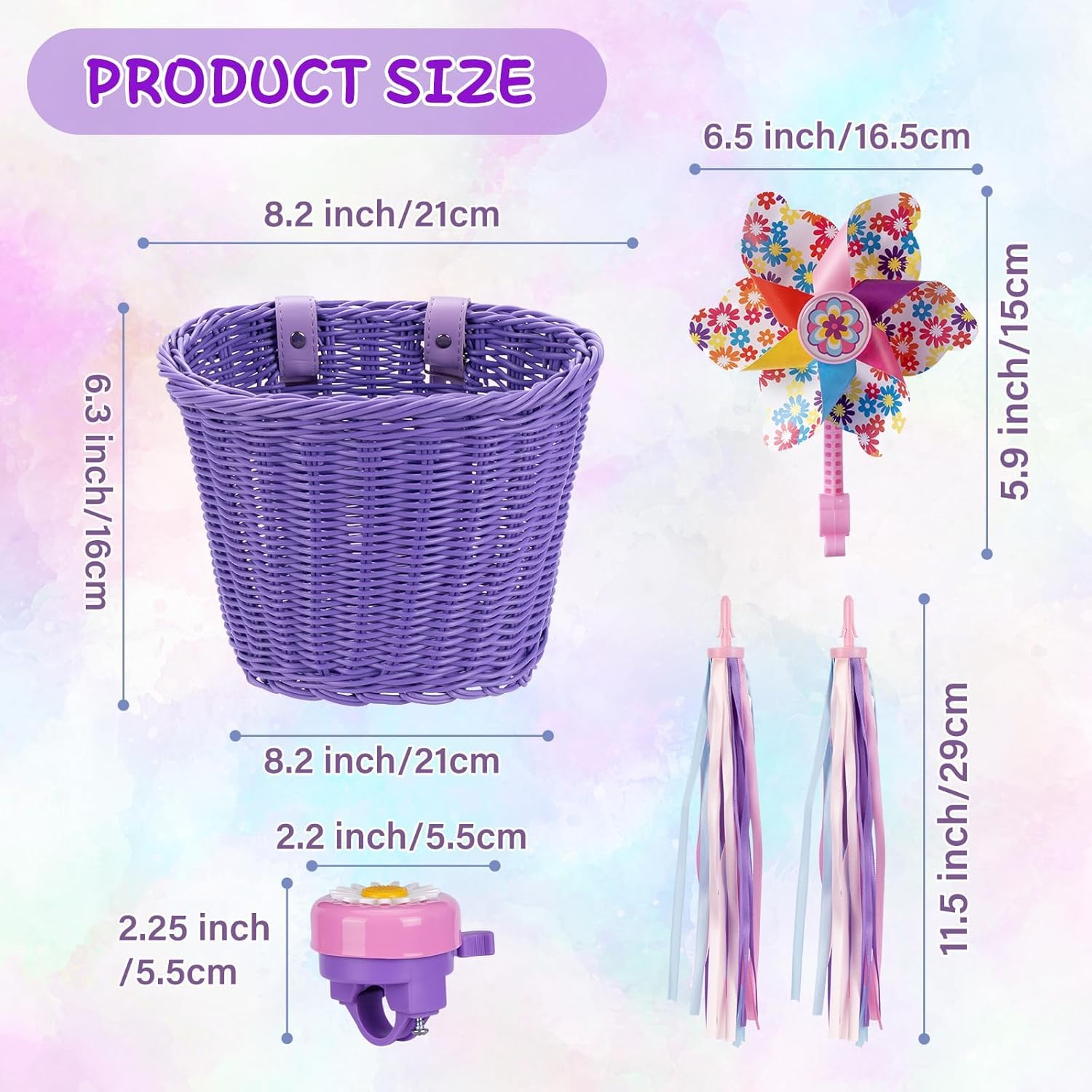 Kids Bike Basket, Bike Basket Front Bike Accessories for Girl Boys, Woven Bicycle Basket with Stickers, Bike Bell, Windmill, and 1pairs Colorful Ribbons Tassels - Image 9