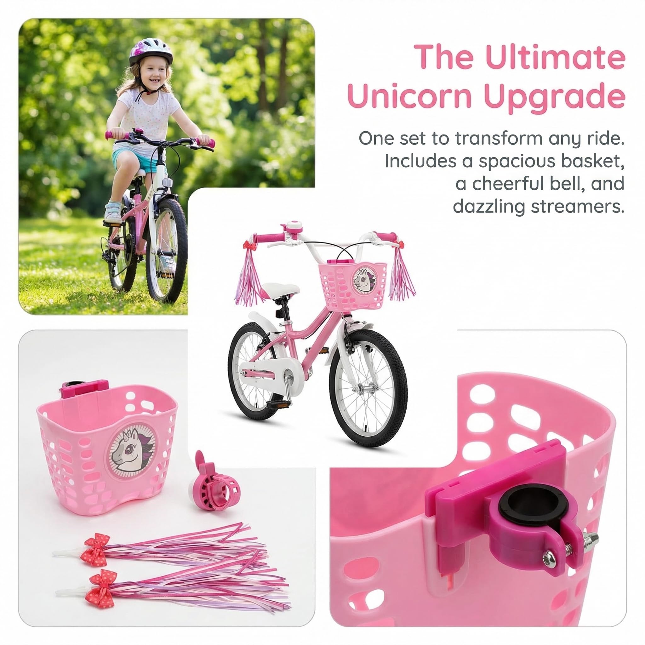 Kids Bike Basket Gift Set, Bike Basket Front Mount with Streamers & Bell, Universal Bike Accessories for Kids – Fits Most Scooters & Bicycles, Pink - Image 3