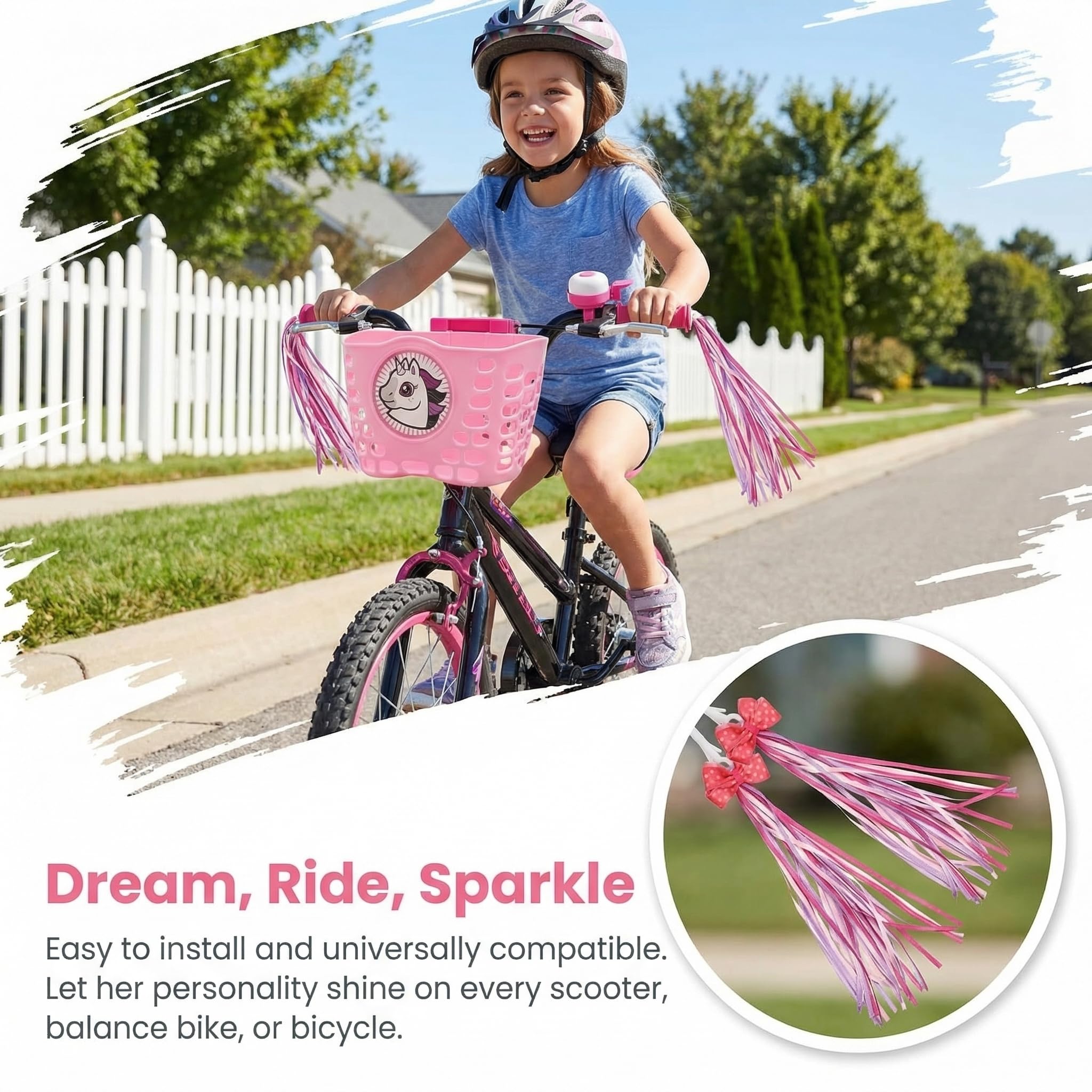 Kids Bike Basket Gift Set, Bike Basket Front Mount with Streamers & Bell, Universal Bike Accessories for Kids – Fits Most Scooters & Bicycles, Pink - Image 5