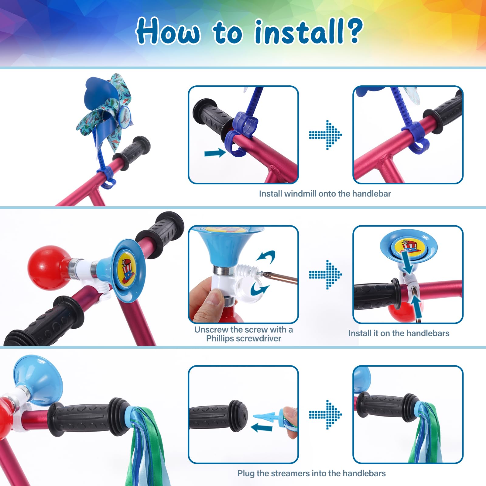 Kids Bike Horn Set, Children Bicycle Bell with 2 Pcs Bike Handle Streamers, and Windmill Kid Bike Accessories for Girls or Boys - Image 3