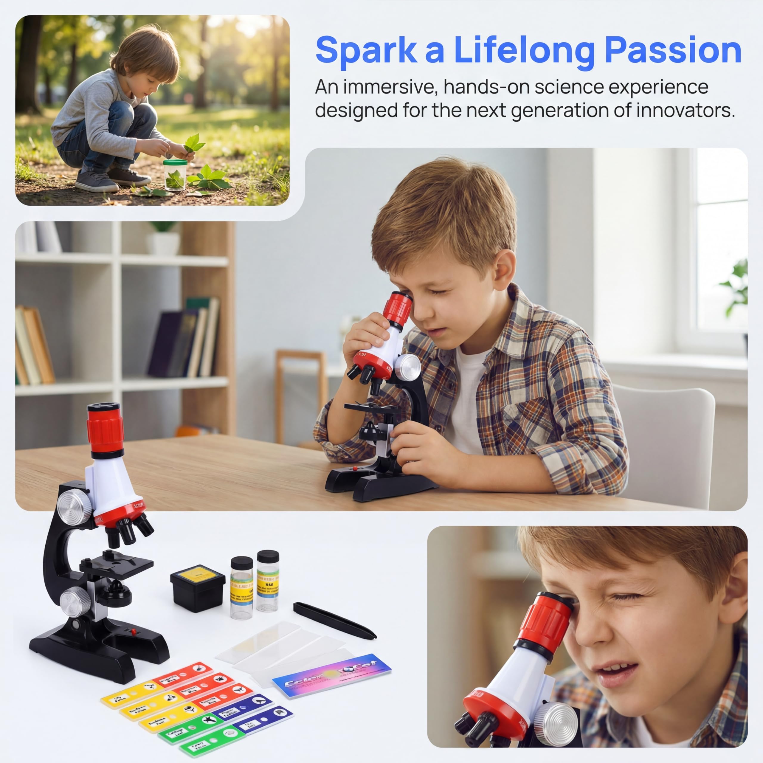 Kids Microscope Kit with LED Light - 100X/400X/1200X Magnification for STEM Learning, 12 Prepared Slides, Easy-to-Use Science Learning Kit (Ages 5-12) - Image 3