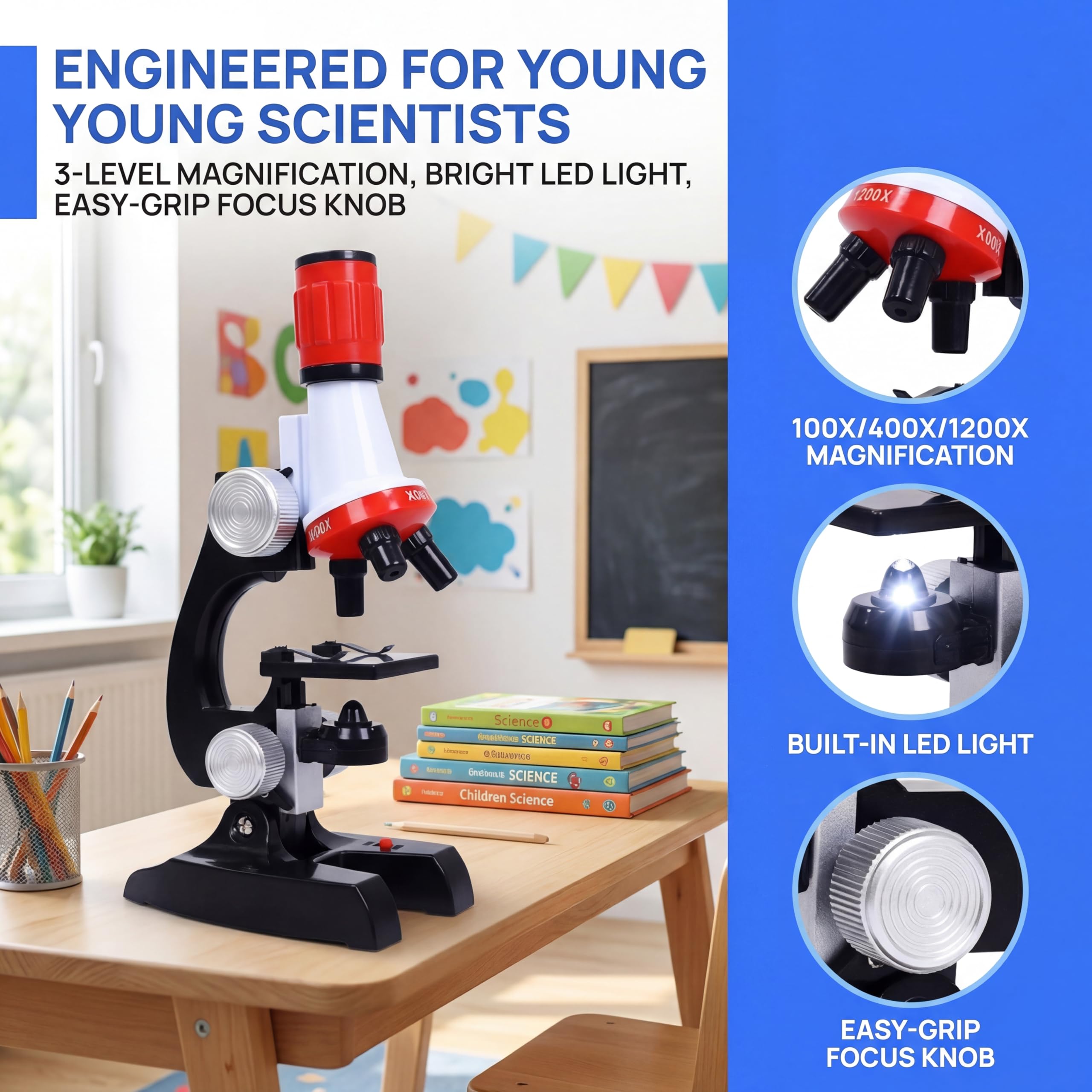 Kids Microscope Kit with LED Light - 100X/400X/1200X Magnification for STEM Learning, 12 Prepared Slides, Easy-to-Use Science Learning Kit (Ages 5-12) - Image 8