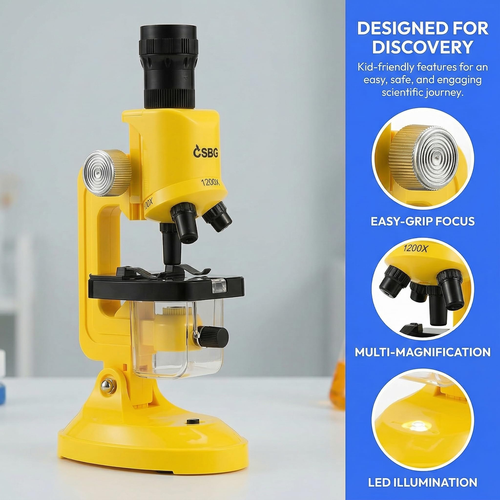 Kids Microscope Kit with LED Light - 100X/400X/1200X Magnification for STEM Learning, 12 Prepared Slides, Easy-to-Use Science Learning Kit (Ages 5-12) - Yellow - Image 3