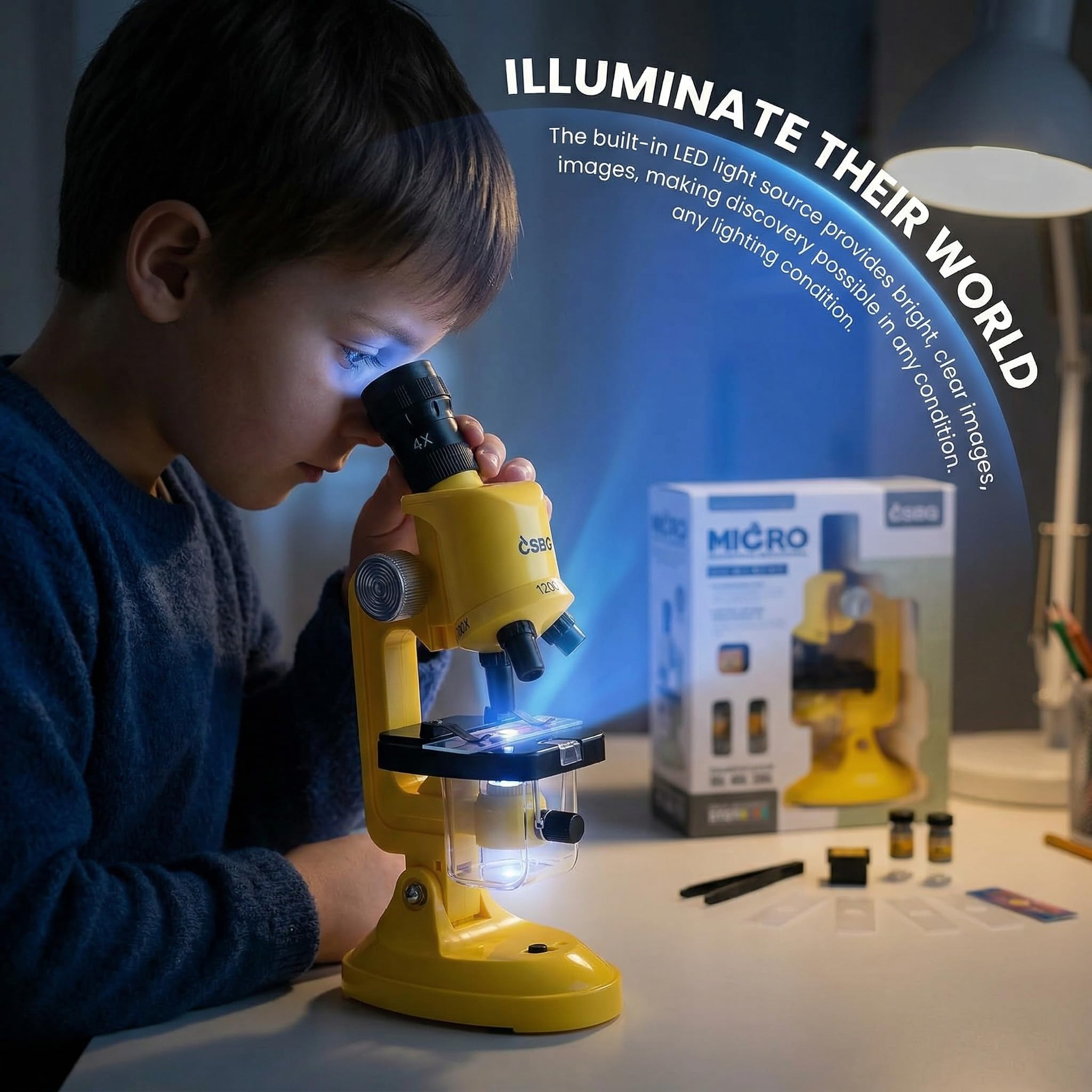 Kids Microscope Kit with LED Light - 100X/400X/1200X Magnification for STEM Learning, 12 Prepared Slides, Easy-to-Use Science Learning Kit (Ages 5-12) - Yellow - Image 4