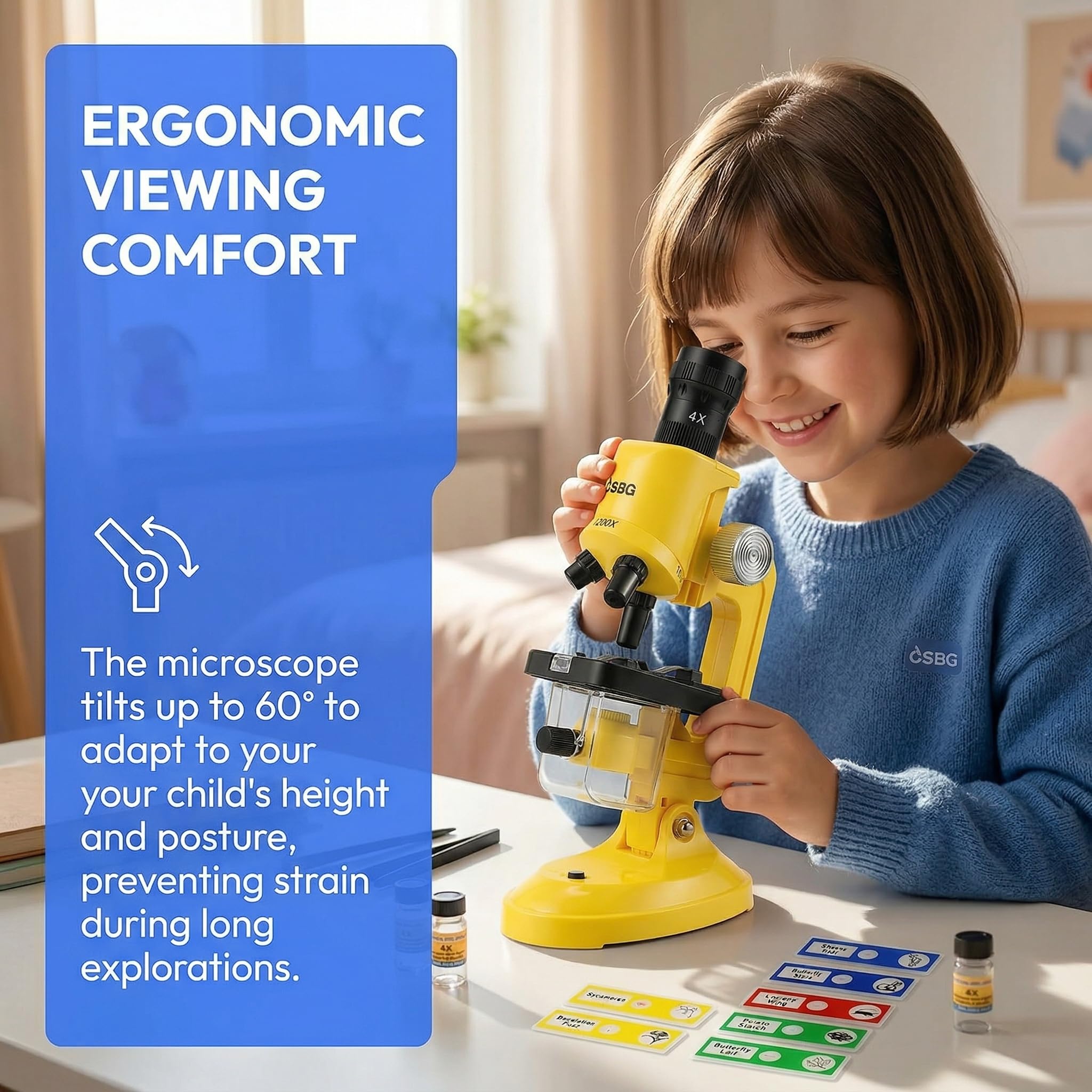 Kids Microscope Kit with LED Light - 100X/400X/1200X Magnification for STEM Learning, 12 Prepared Slides, Easy-to-Use Science Learning Kit (Ages 5-12) - Yellow - Image 5