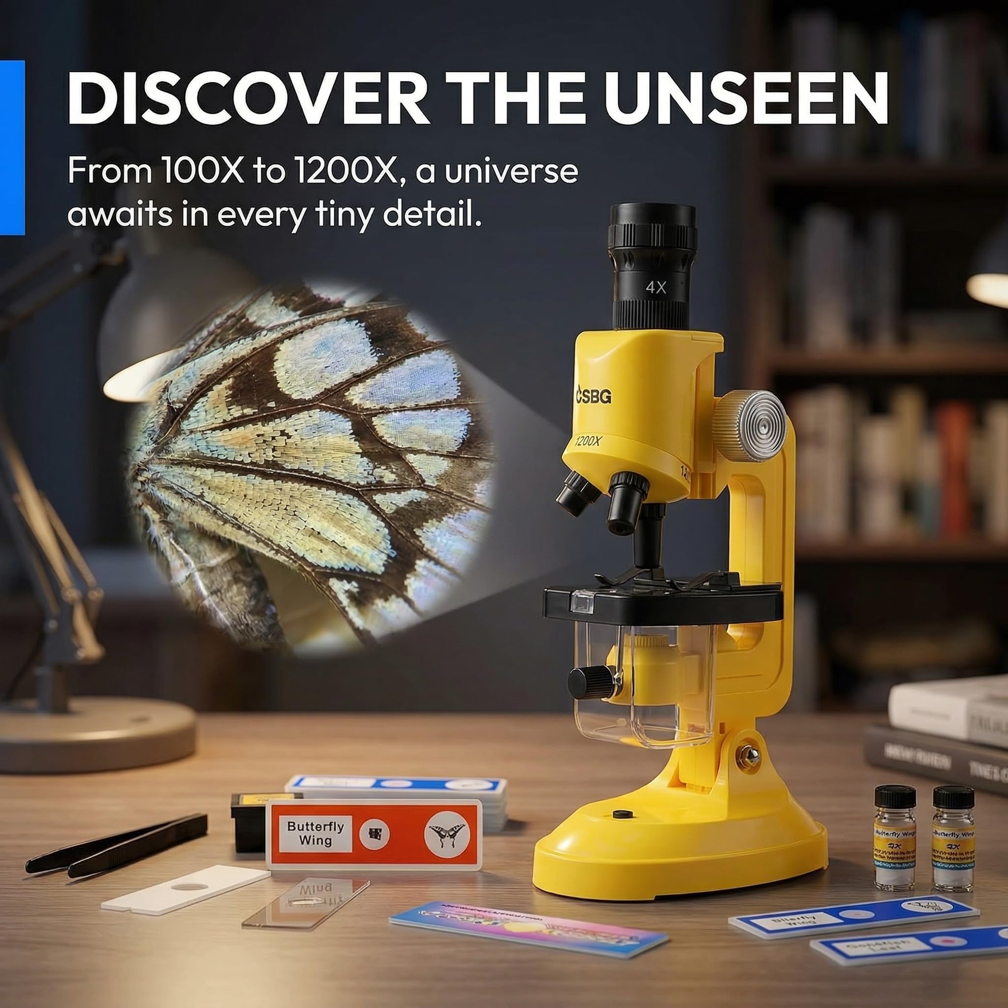 Kids Microscope Kit with LED Light - 100X/400X/1200X Magnification for STEM Learning, 12 Prepared Slides, Easy-to-Use Science Learning Kit (Ages 5-12) - Yellow - Image 7