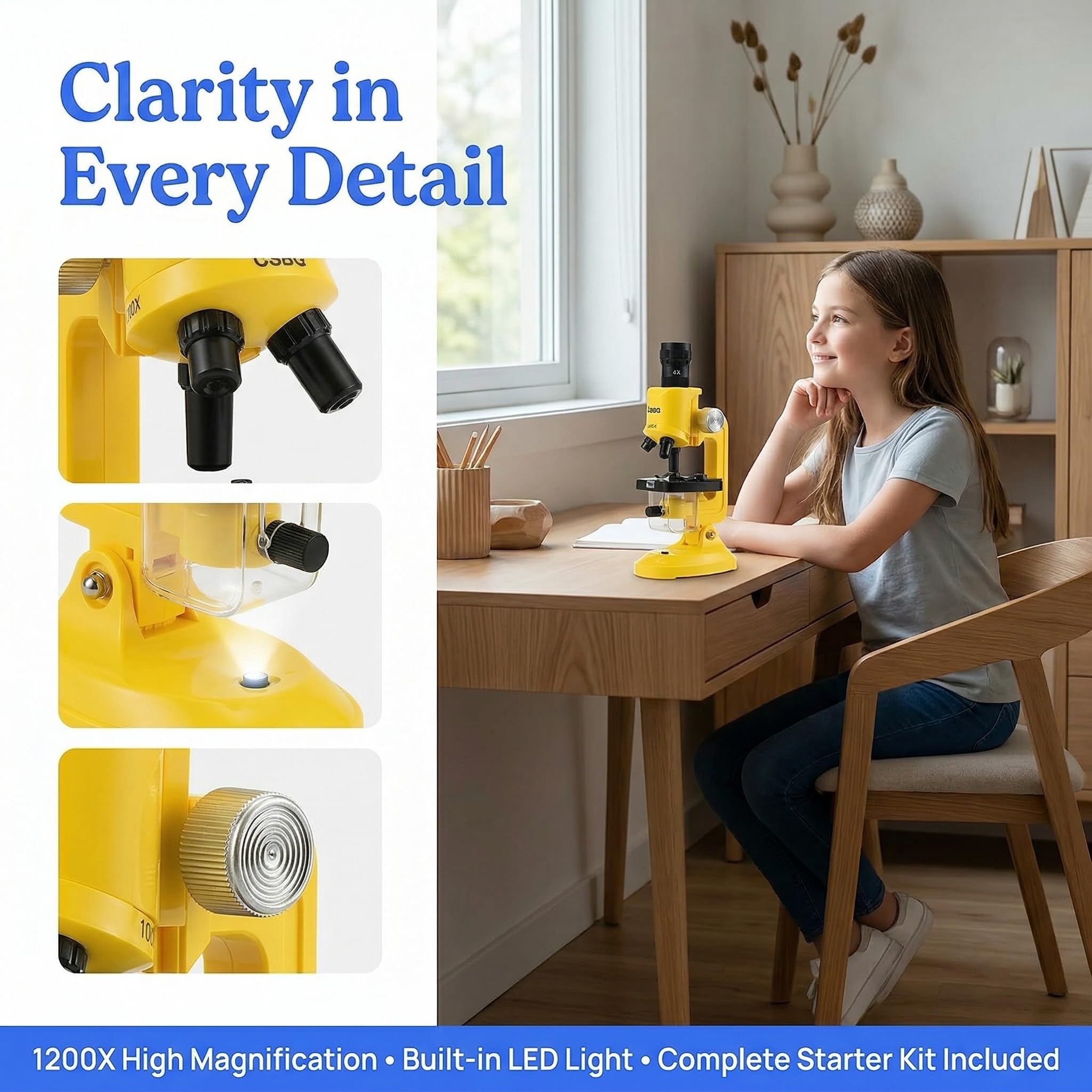 Kids Microscope Kit with LED Light - 100X/400X/1200X Magnification for STEM Learning, 12 Prepared Slides, Easy-to-Use Science Learning Kit (Ages 5-12) - Yellow - Image 8