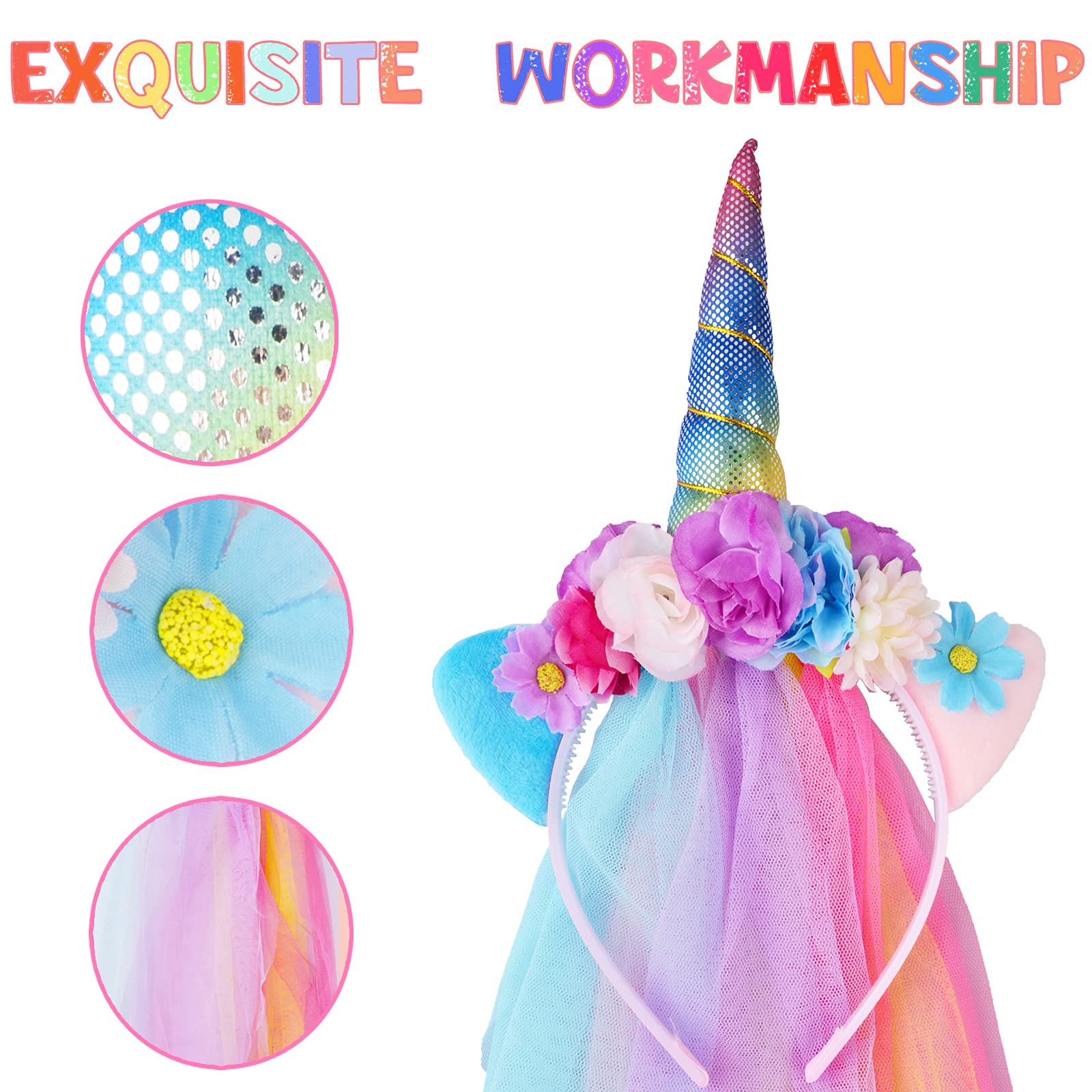 Little World 3 Pack Unicorn Headband - Rainbow/Rose Gold/White Horn with Tulle, Unicorn Decorations for Birthday Party, Gift Idea for Easter - Image 3