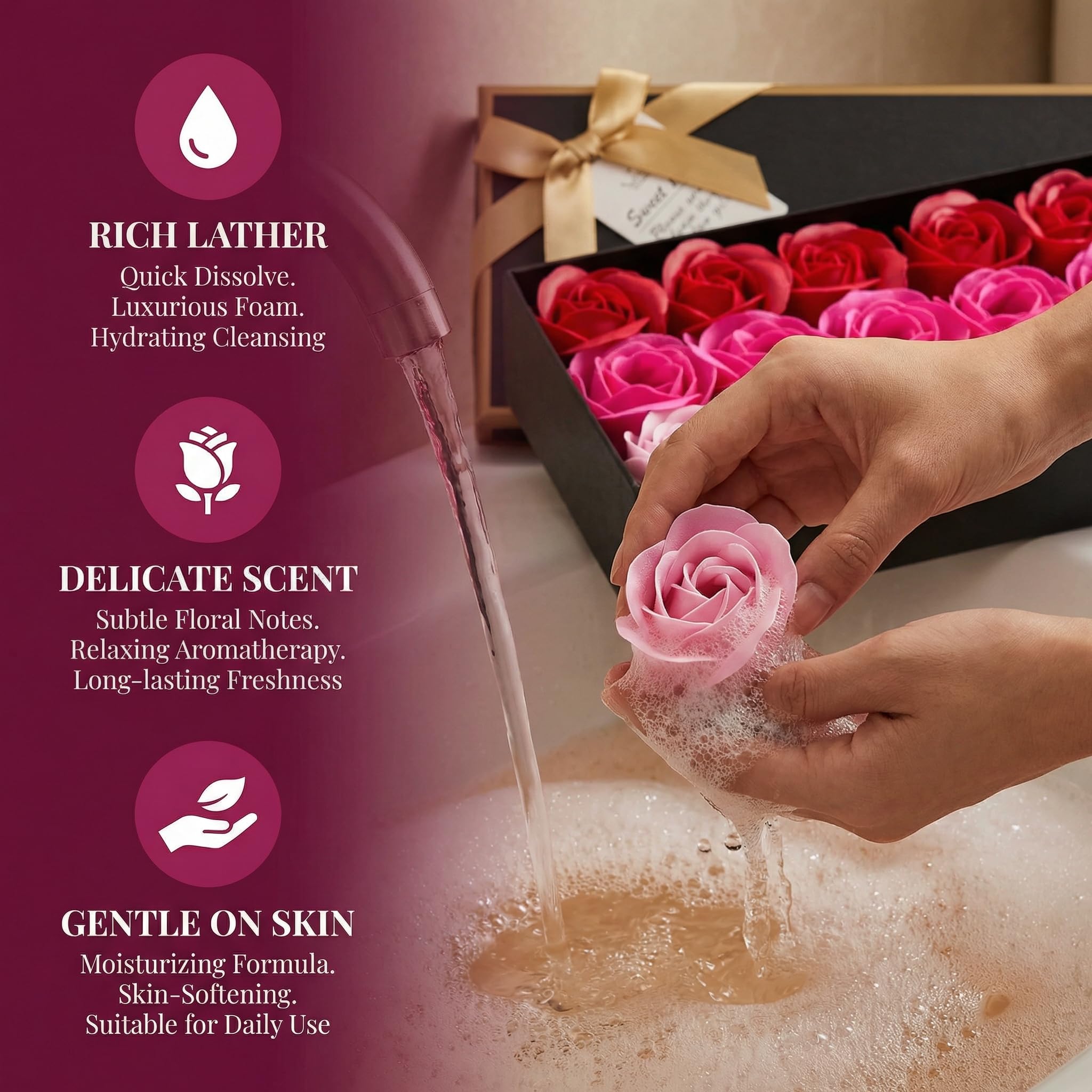 Little World Bath Soap Rose Flower - Floral Scented Rose Petals for Bath, Petals Body Soap in Gift Box for Valentine's Day, Anniversary, Birthday, Mothers Day Gifts for Her (18 Pcs/Box Gradient Pink) - Image 3