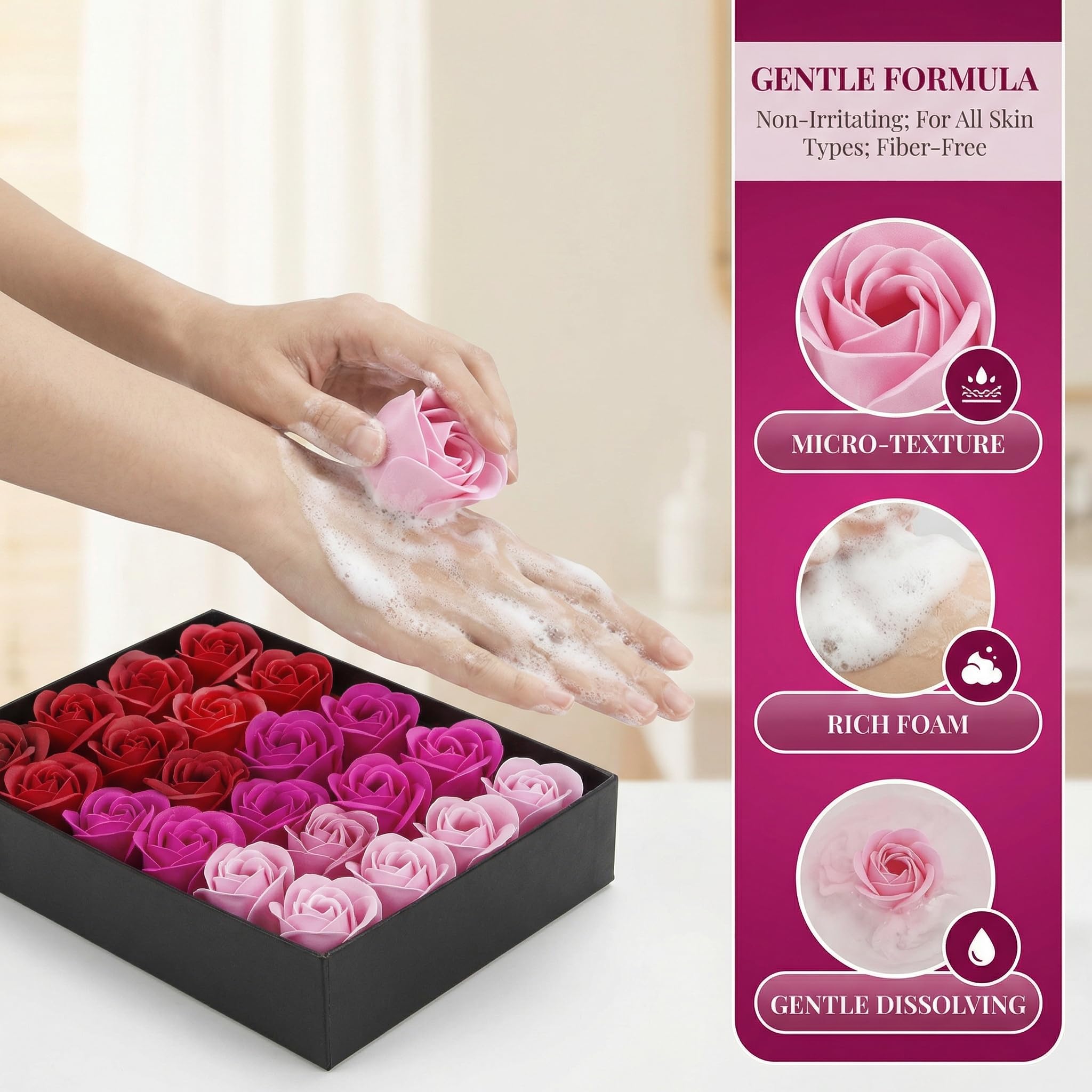 Little World Bath Soap Rose Flower - Floral Scented Rose Petals for Bath, Petals Body Soap in Gift Box for Valentine's Day, Anniversary, Birthday, Mothers Day Gifts for Her (18 Pcs/Box Gradient Pink) - Image 4