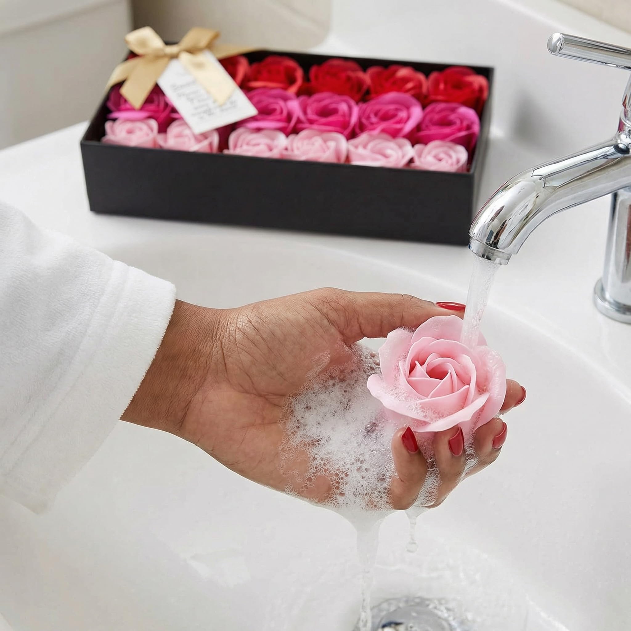 Little World Bath Soap Rose Flower - Floral Scented Rose Petals for Bath, Petals Body Soap in Gift Box for Valentine's Day, Anniversary, Birthday, Mothers Day Gifts for Her (18 Pcs/Box Gradient Pink) - Image 7