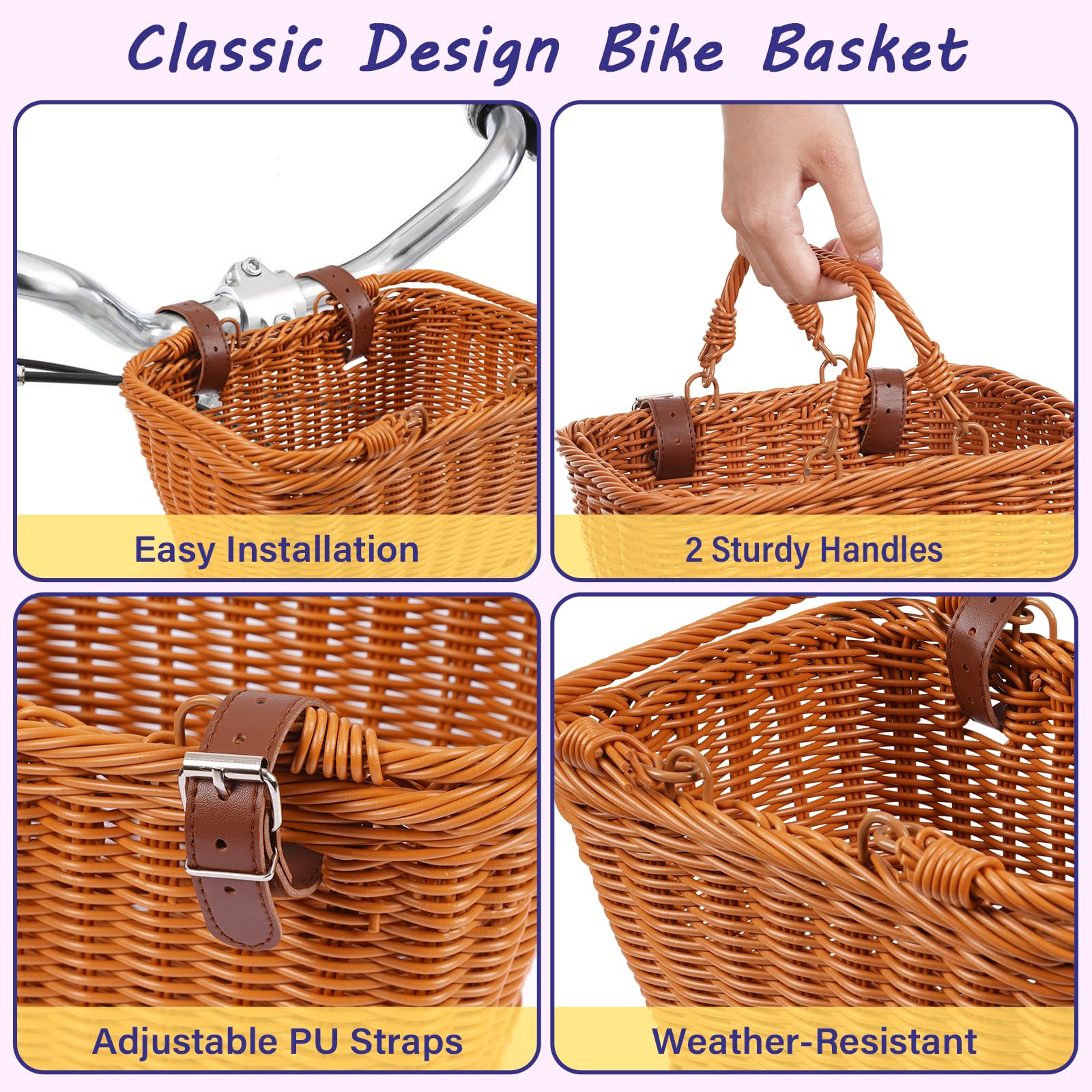 Little World Bike Basket Front Bicycle Bike Baskets for Kids - Handwoven, Detachable Front Handlebar Basket, Ideal for Shopping, Commuting, and Pet Carriers 1 Pack - Image 3