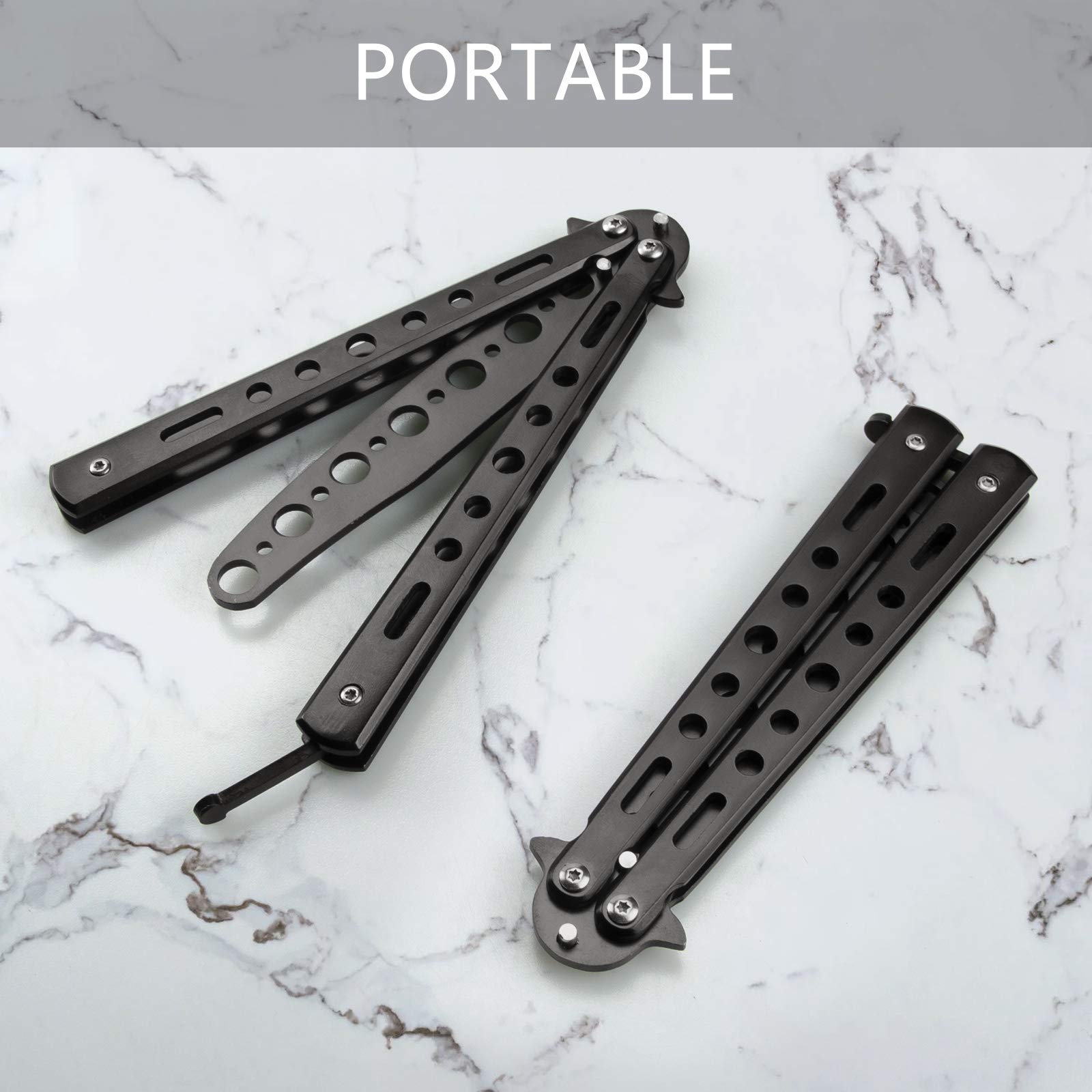 Little World Butterfly Knife - 1 Pack Butterfly Knife Trainer Practice Tool Steel Metal - Comb for Practicing Flipping Tricks Folding Unsharpened - Balisong Trainer Black - Image 5
