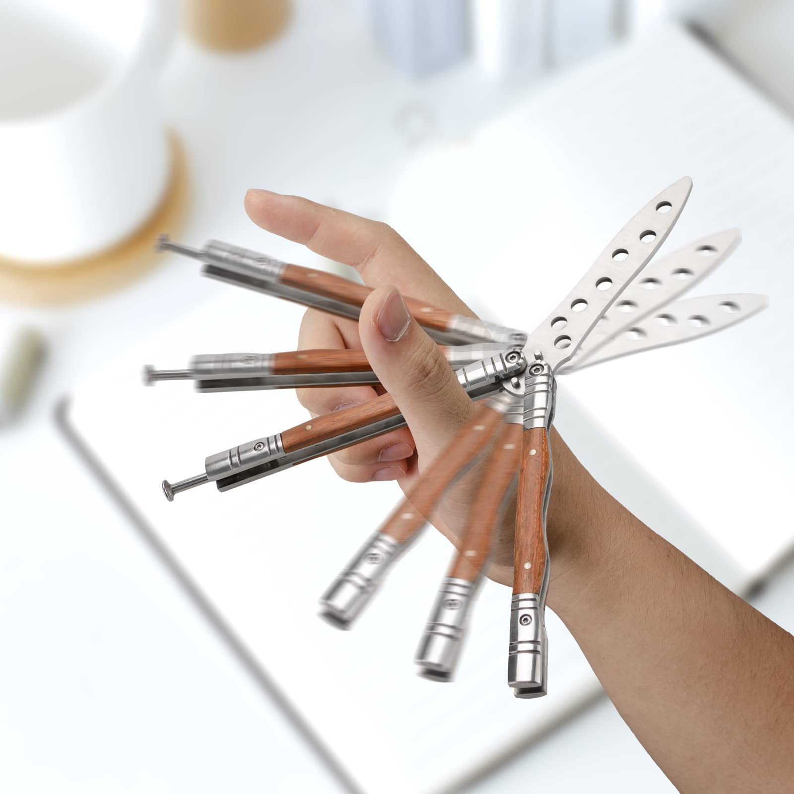 Little World Butterfly Knife - 1 Pack Trainer Practice Tool Steel Metal - Training Practicing Flipping Tricks Folding Knife Unsharpened with Wood Handle - Image 3