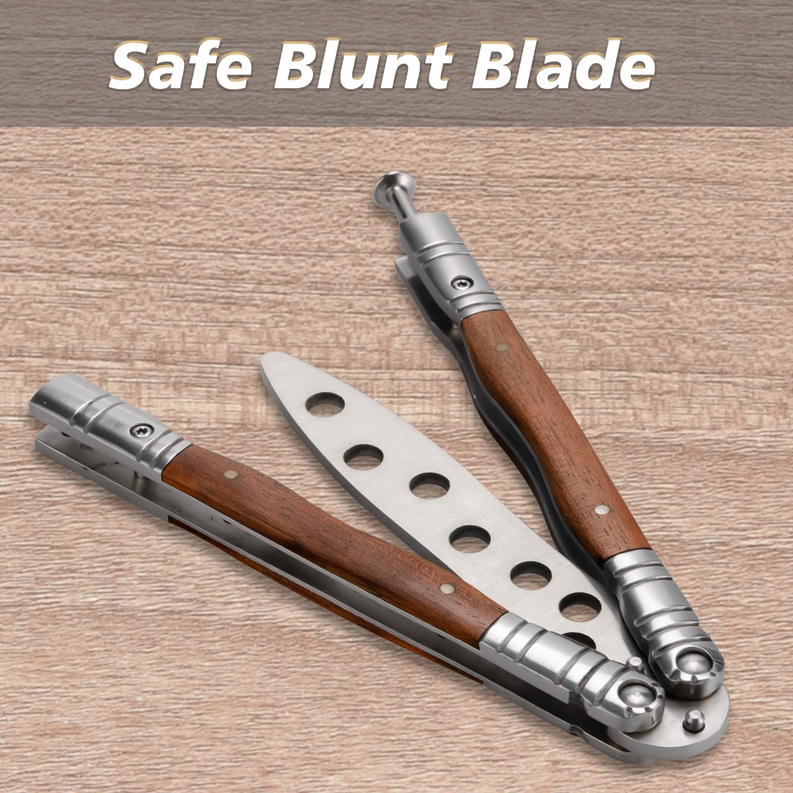 Little World Butterfly Knife - 1 Pack Trainer Practice Tool Steel Metal - Training Practicing Flipping Tricks Folding Knife Unsharpened with Wood Handle - Image 4