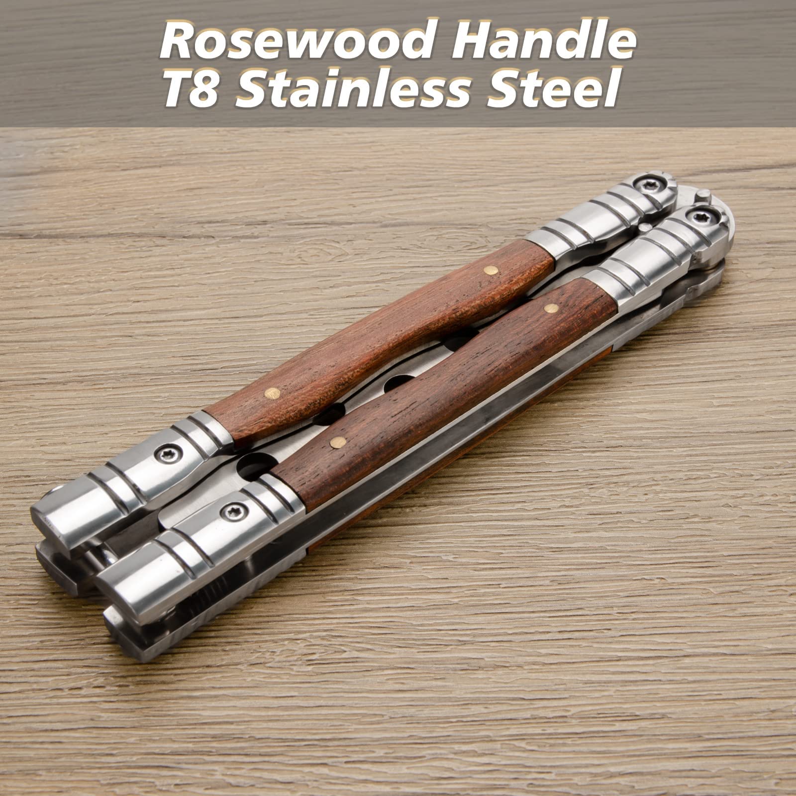 Little World Butterfly Knife - 1 Pack Trainer Practice Tool Steel Metal - Training Practicing Flipping Tricks Folding Knife Unsharpened with Wood Handle - Image 5