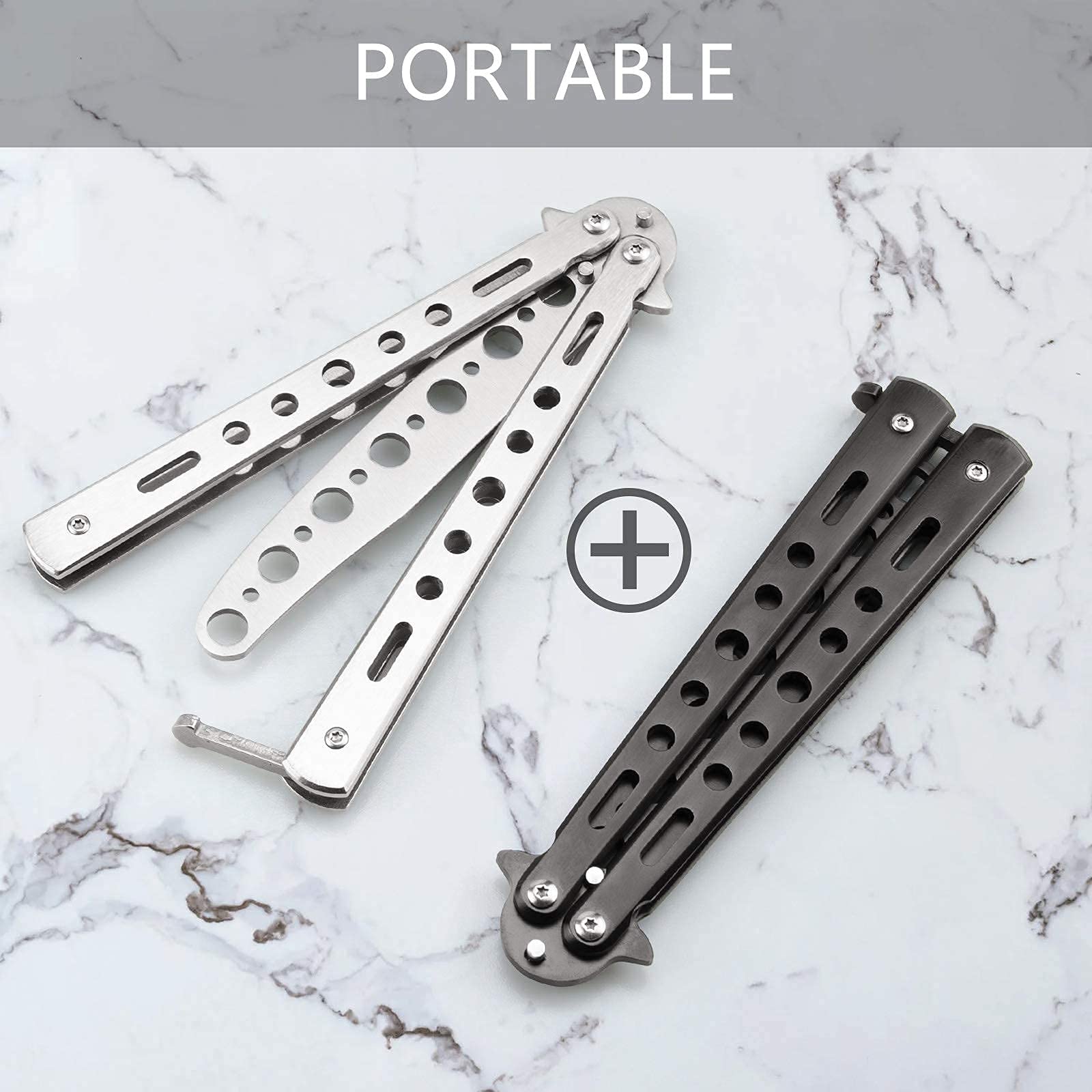 Little World Butterfly Knife - 2 Pack Butterfly Knife Trainer Practice Tool Steel Metal - Folding Unsharpened Comb for Practicing Flipping Tricks, Balisong Trainer Black & Silver - Image 3