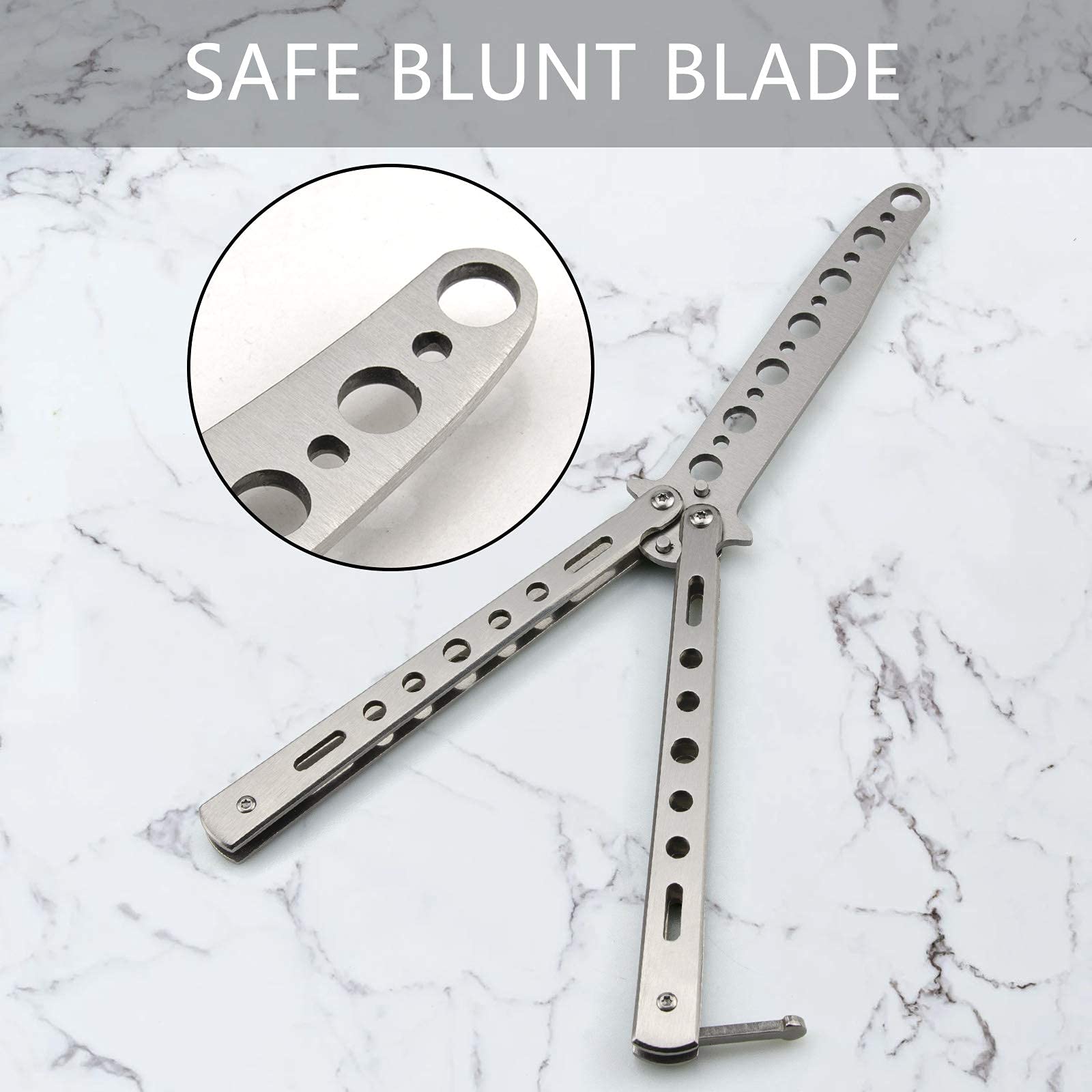 Little World Butterfly Knife - 2 Pack Butterfly Knife Trainer Practice Tool Steel Metal - Folding Unsharpened Comb for Practicing Flipping Tricks, Balisong Trainer Black & Silver - Image 4