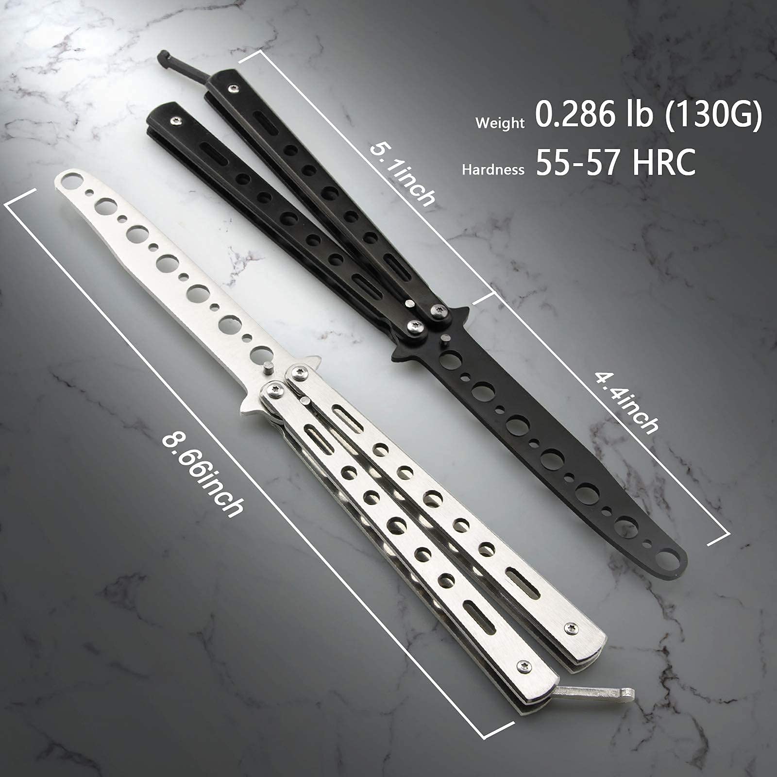 Little World Butterfly Knife - 2 Pack Butterfly Knife Trainer Practice Tool Steel Metal - Folding Unsharpened Comb for Practicing Flipping Tricks, Balisong Trainer Black & Silver - Image 5
