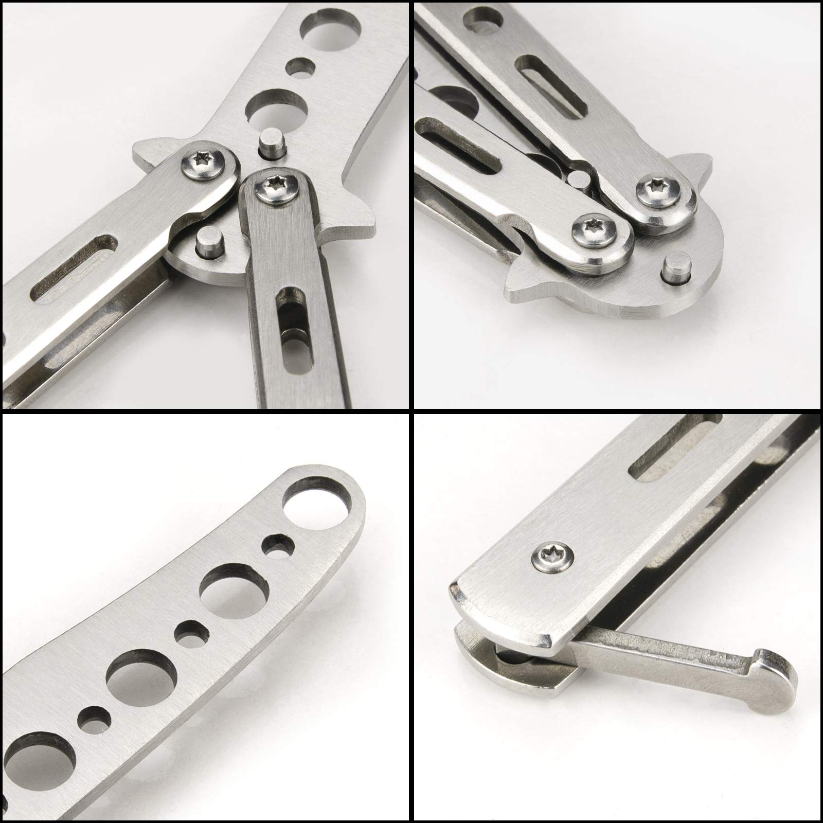 Little World Butterfly Knife - 2 Pack Butterfly Knife Trainer Practice Tool Steel Metal - Folding Unsharpened Comb for Practicing Flipping Tricks, Balisong Trainer Black & Silver - Image 6