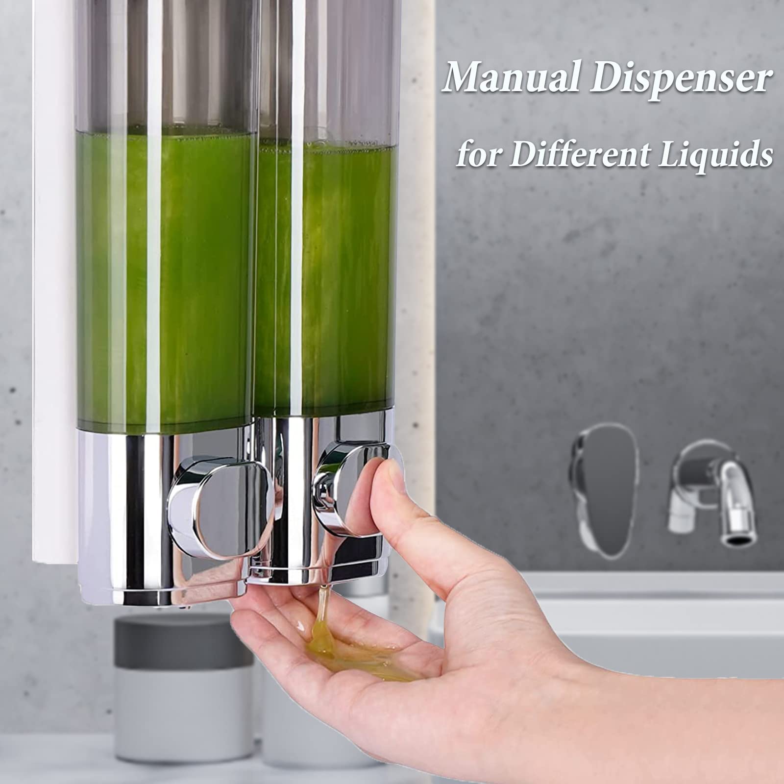 Wall Mounted Soap Dispenser Bathroom 2 Chambers, Shower Soap Dispenser 600ml Body Wash Dispenser Set, Shampoo and Conditioner Dispenser Hand Pump for Toilet Bathroom Kitchen Silver - Image 3