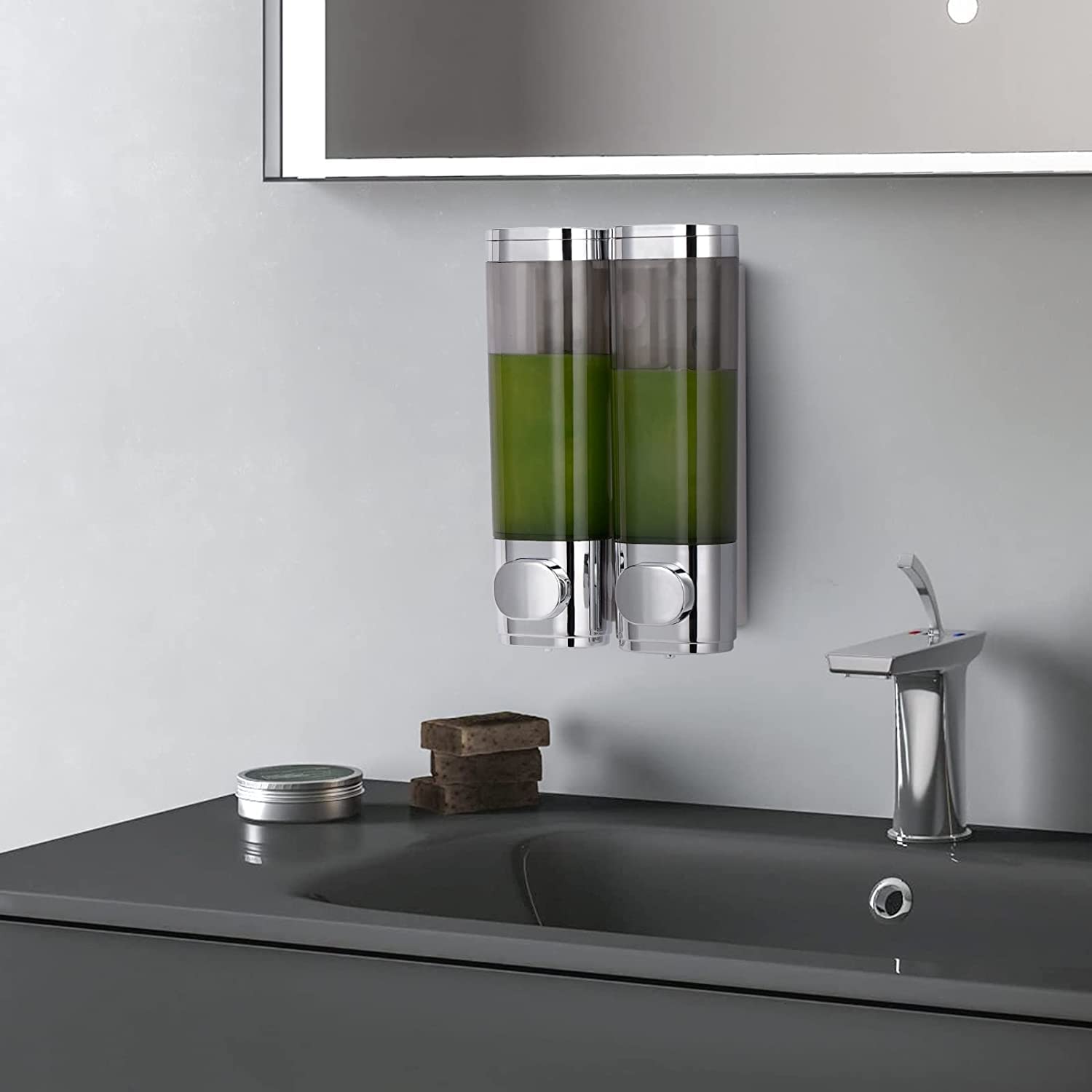 Wall Mounted Soap Dispenser Bathroom 2 Chambers, Shower Soap Dispenser 600ml Body Wash Dispenser Set, Shampoo and Conditioner Dispenser Hand Pump for Toilet Bathroom Kitchen Silver - Image 4