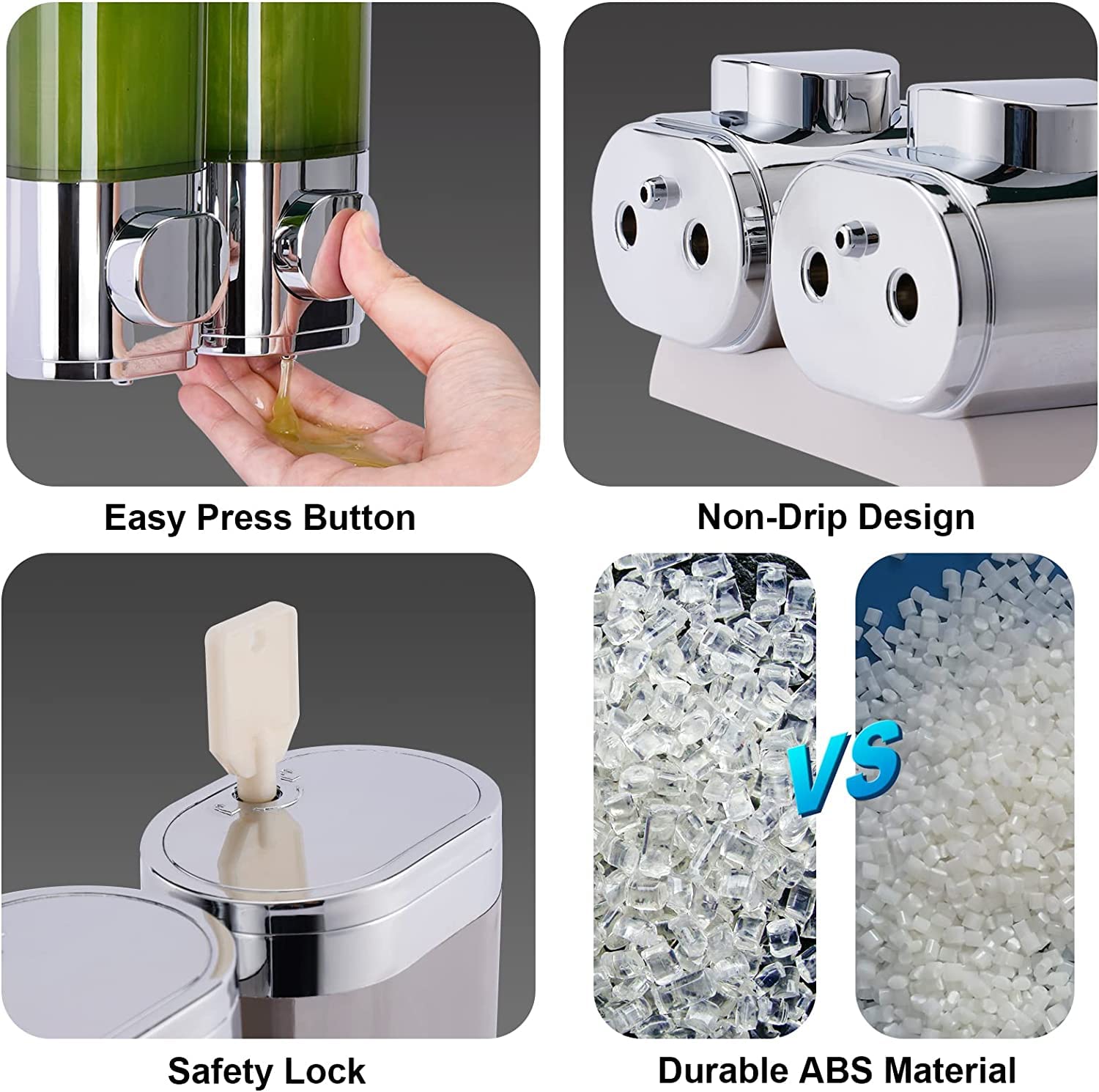 Wall Mounted Soap Dispenser Bathroom 2 Chambers, Shower Soap Dispenser 600ml Body Wash Dispenser Set, Shampoo and Conditioner Dispenser Hand Pump for Toilet Bathroom Kitchen Silver - Image 5