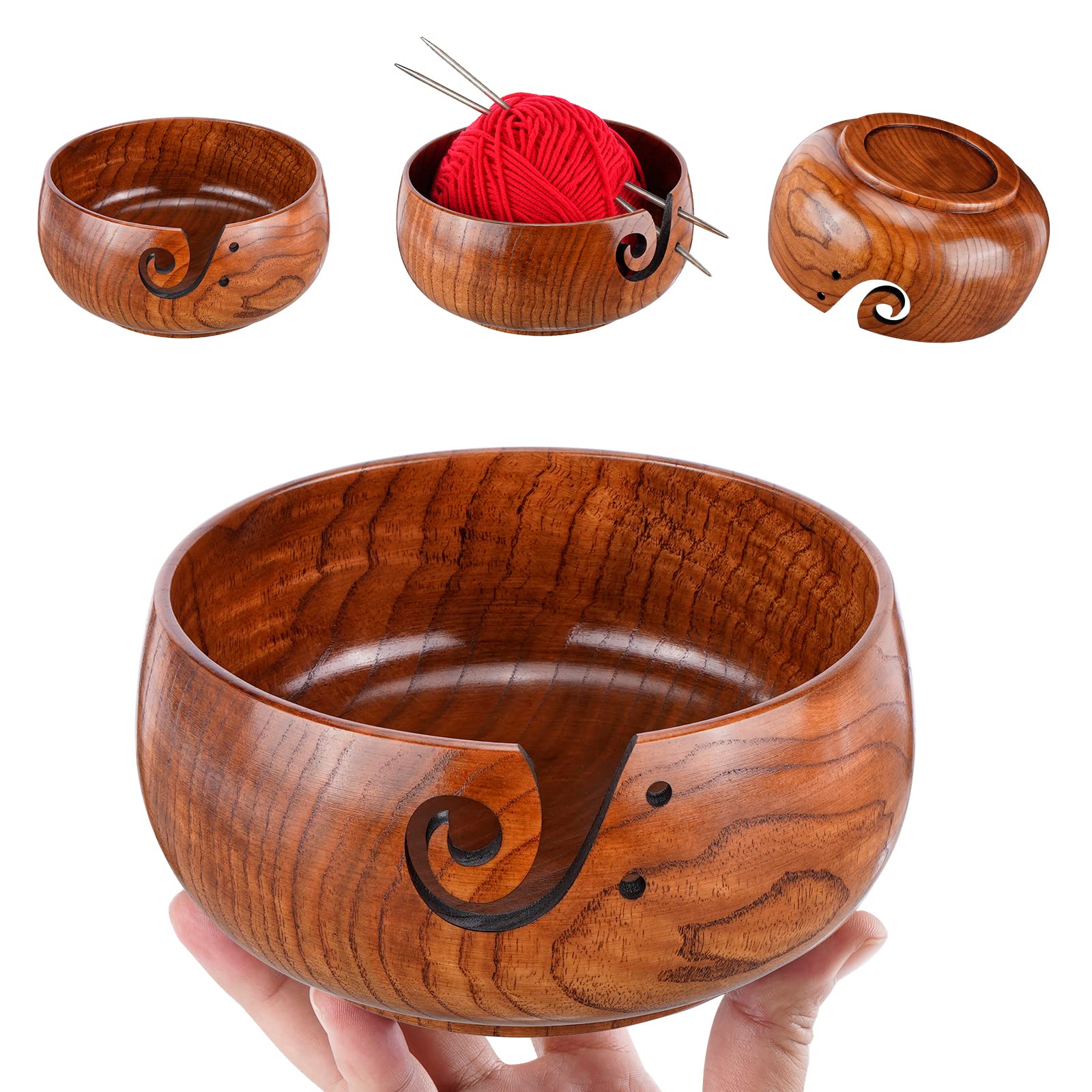 Wooden Yarn Bowl, Knitting Yarn Bowl with Holes Storage Handmade to Prevent Slipping, Perfect Yarn Bowl for Crocheting and Knitting Mothers Day Gift 6" x 3" - Image 3