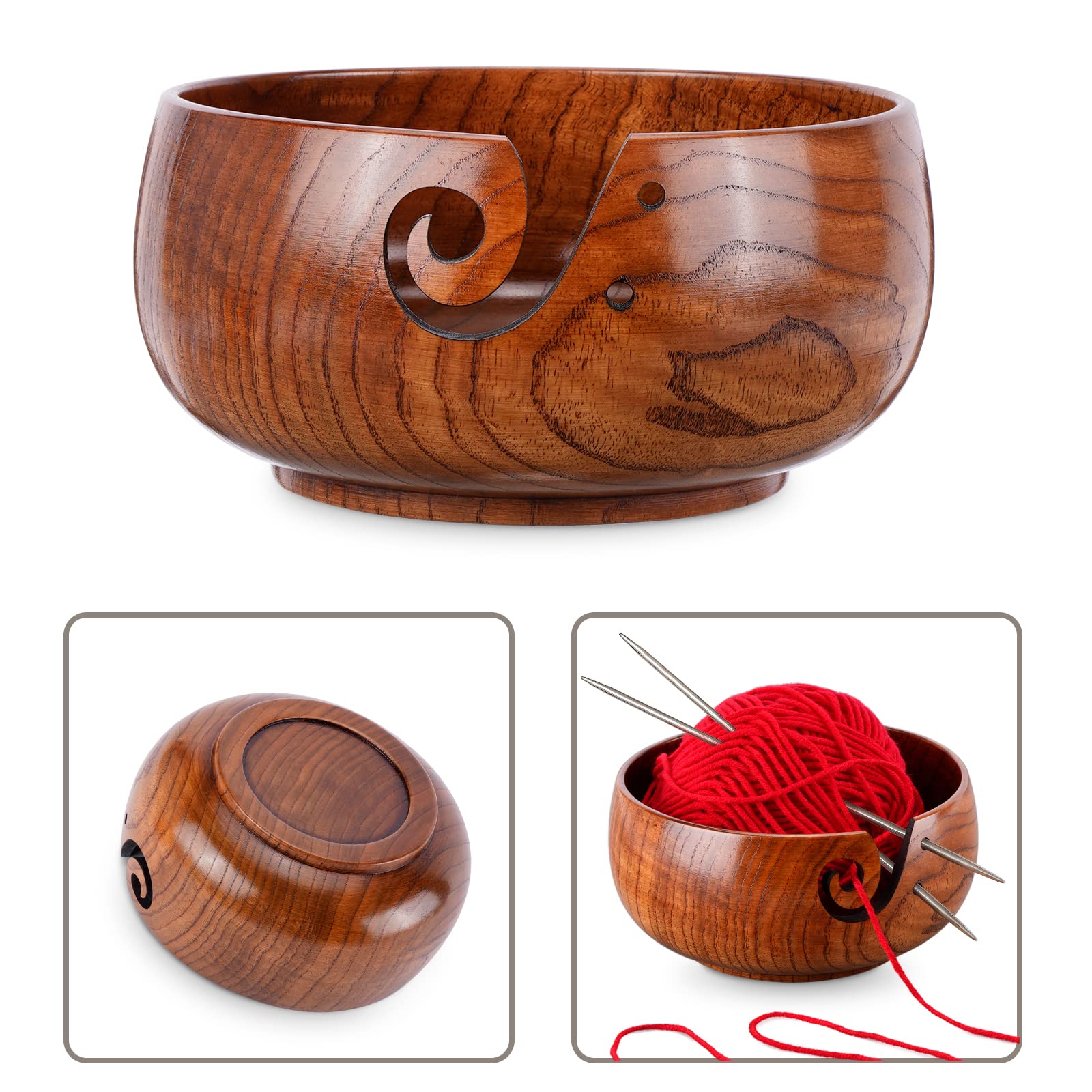 Wooden Yarn Bowl, Knitting Yarn Bowl with Holes Storage Handmade to Prevent Slipping, Perfect Yarn Bowl for Crocheting and Knitting Mothers Day Gift 6" x 3" - Image 6