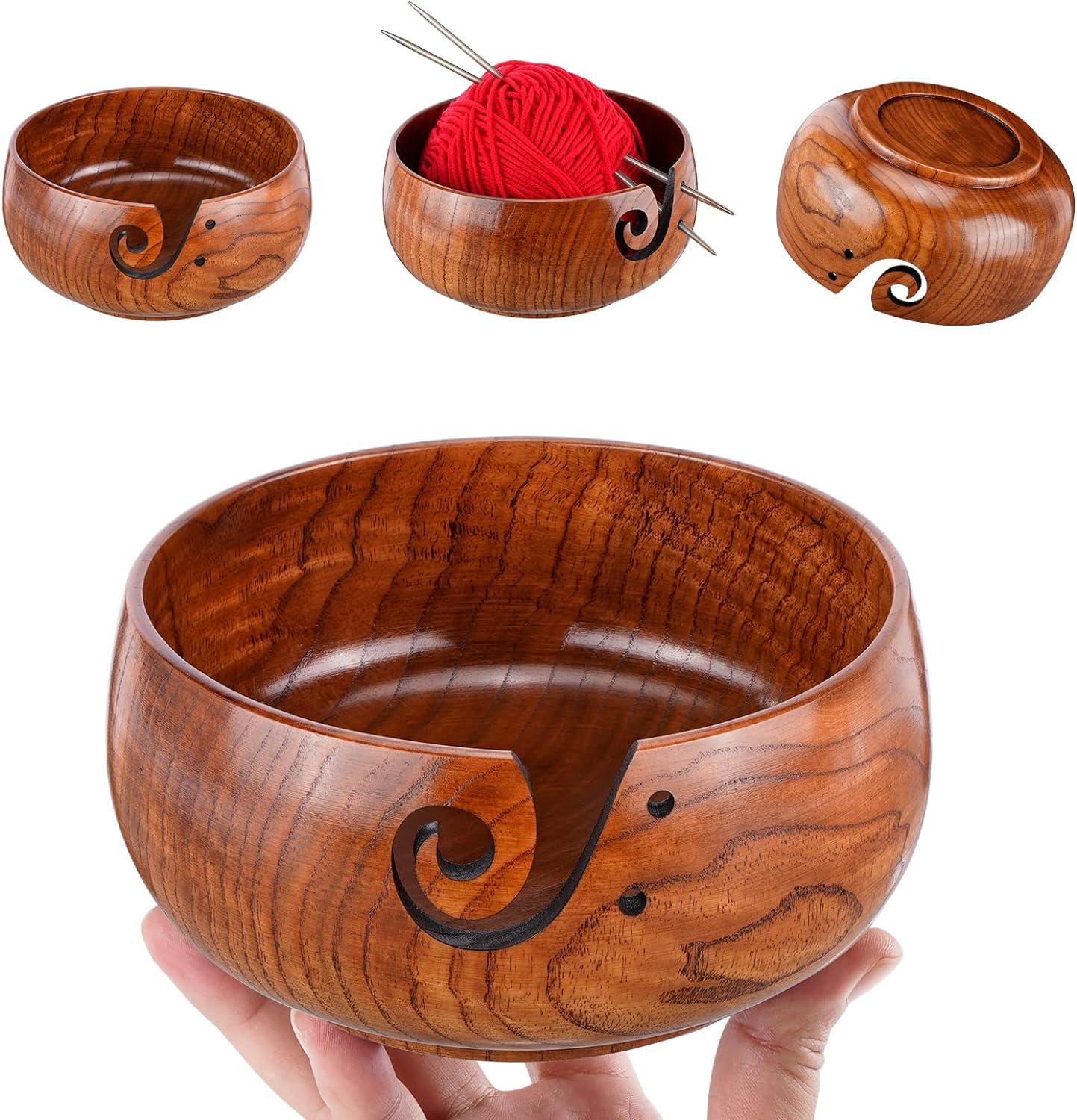 Wooden Yarn Bowl with 8Pcs Metal Crochet Hooks, Knitting Yarn Bowl with Holes Storage Handmade to Prevent Slipping, Perfect Yarn Holder Bowl for Crocheting and Knitting Mother's Day Gift 6" x 3" - Image 3