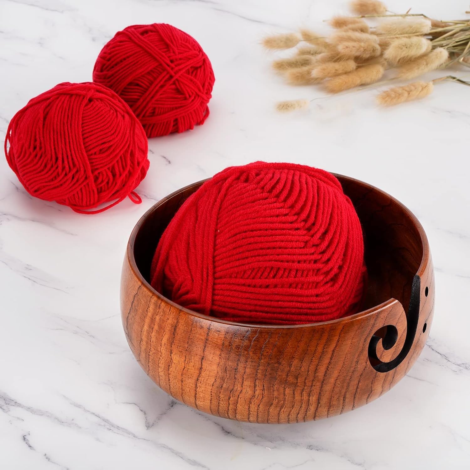 Wooden Yarn Bowl with 8Pcs Metal Crochet Hooks, Knitting Yarn Bowl with Holes Storage Handmade to Prevent Slipping, Perfect Yarn Holder Bowl for Crocheting and Knitting Mother's Day Gift 6" x 3" - Image 4