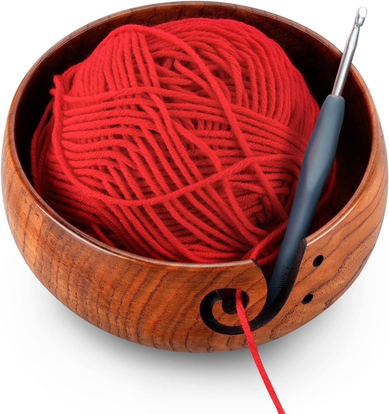 Wooden Yarn Bowl with 8Pcs Metal Crochet Hooks, Knitting Yarn Bowl with Holes Storage Handmade to Prevent Slipping, Perfect Yarn Holder Bowl for Crocheting and Knitting Mother's Day Gift 6" x 3" - Image 5