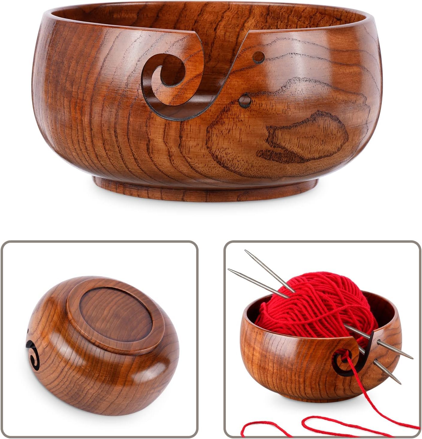 Wooden Yarn Bowl with 8Pcs Metal Crochet Hooks, Knitting Yarn Bowl with Holes Storage Handmade to Prevent Slipping, Perfect Yarn Holder Bowl for Crocheting and Knitting Mother's Day Gift 6" x 3" - Image 6