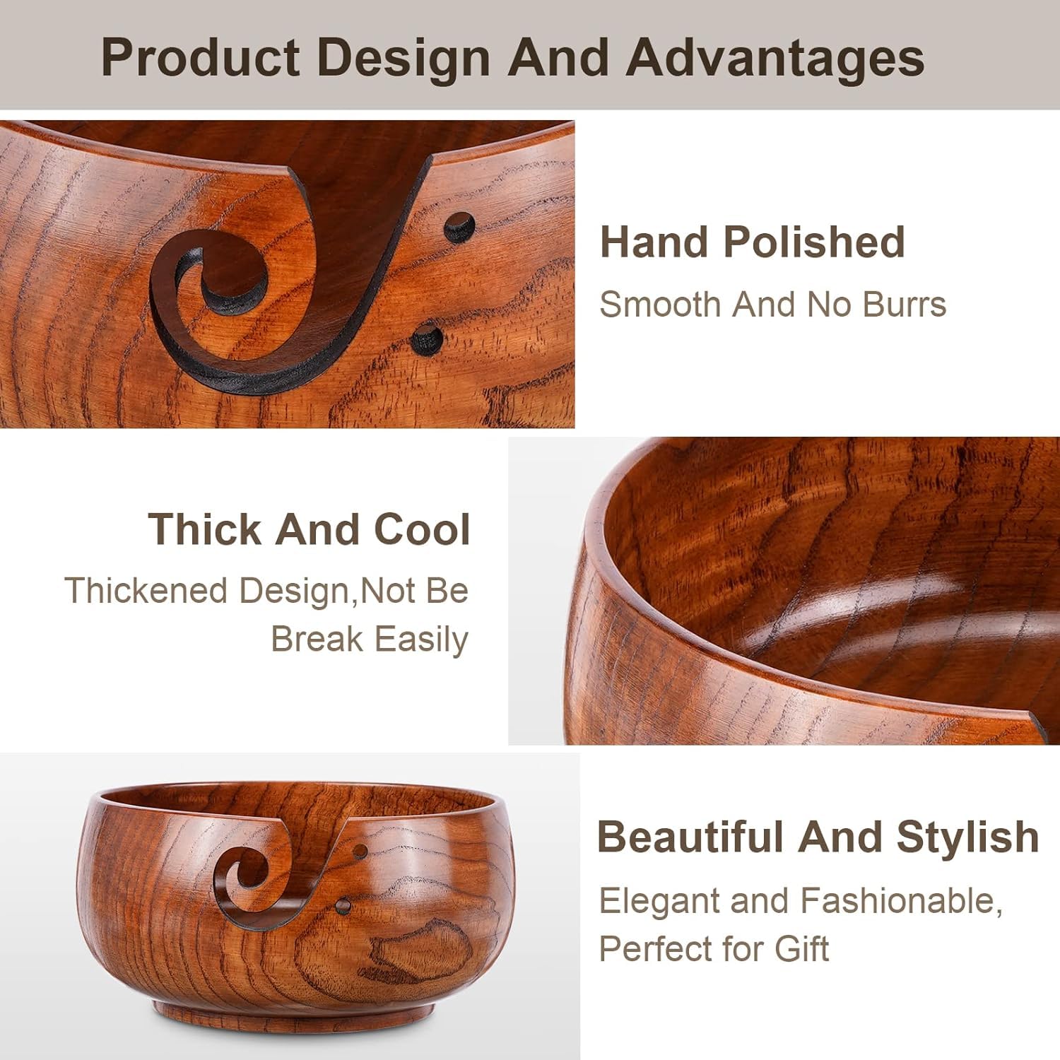 Wooden Yarn Bowl with 8Pcs Metal Crochet Hooks, Knitting Yarn Bowl with Holes Storage Handmade to Prevent Slipping, Perfect Yarn Holder Bowl for Crocheting and Knitting Mother's Day Gift 6" x 3" - Image 7